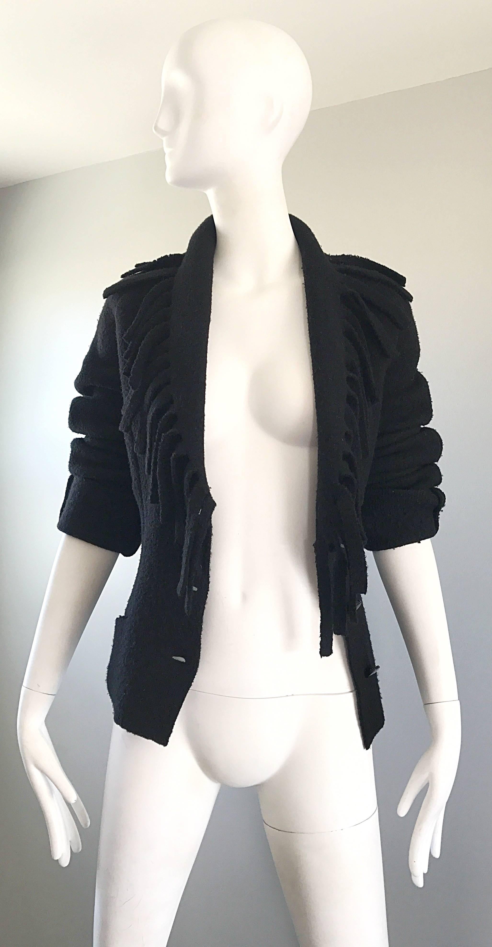 Rare Vintage Thierry Mugler Black Fringe Collar Avant Garde Boiled Wool Jacket  In Excellent Condition For Sale In San Diego, CA