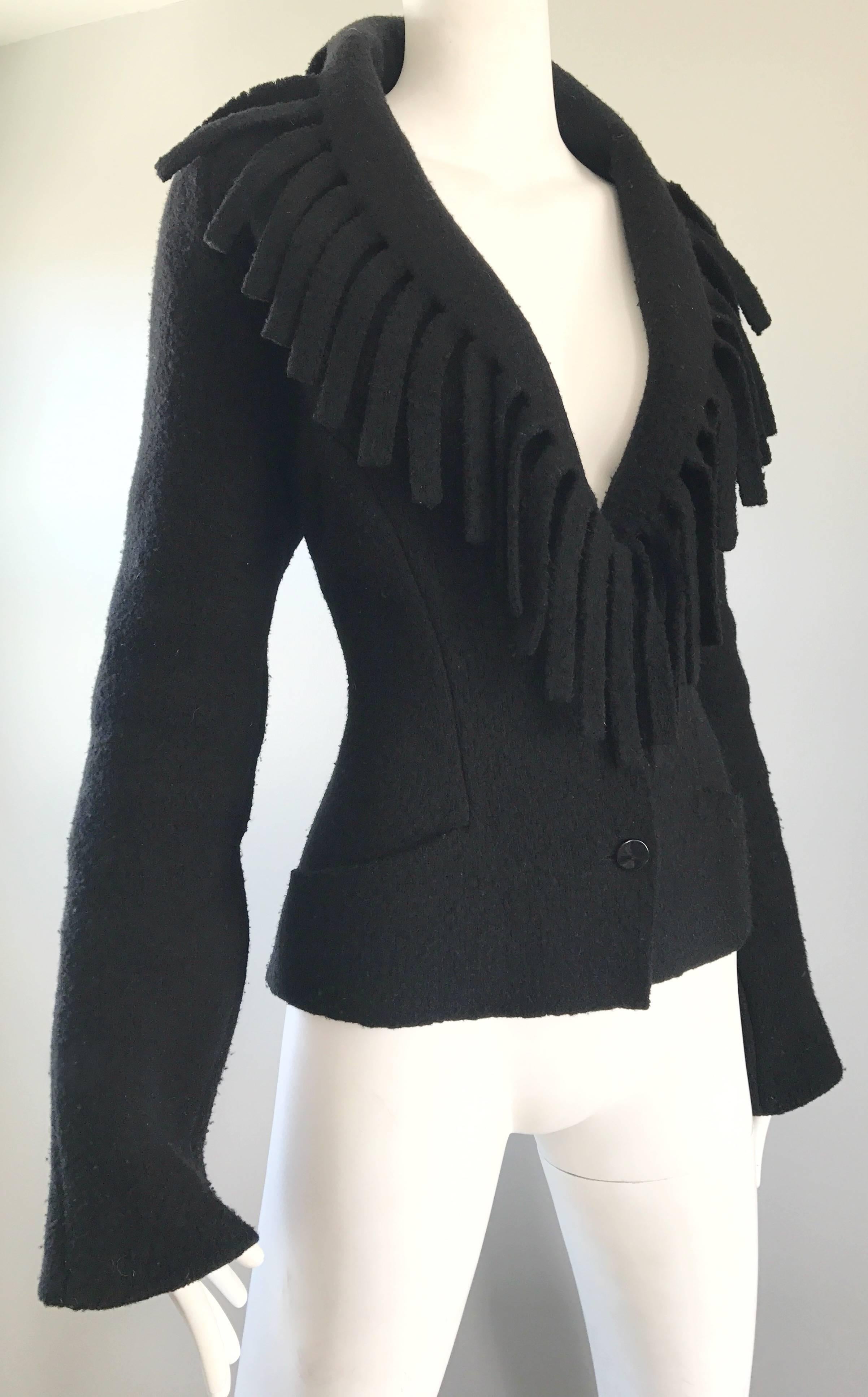 Rare Vintage Thierry Mugler Black Fringe Collar Avant Garde Boiled Wool Jacket  For Sale 1