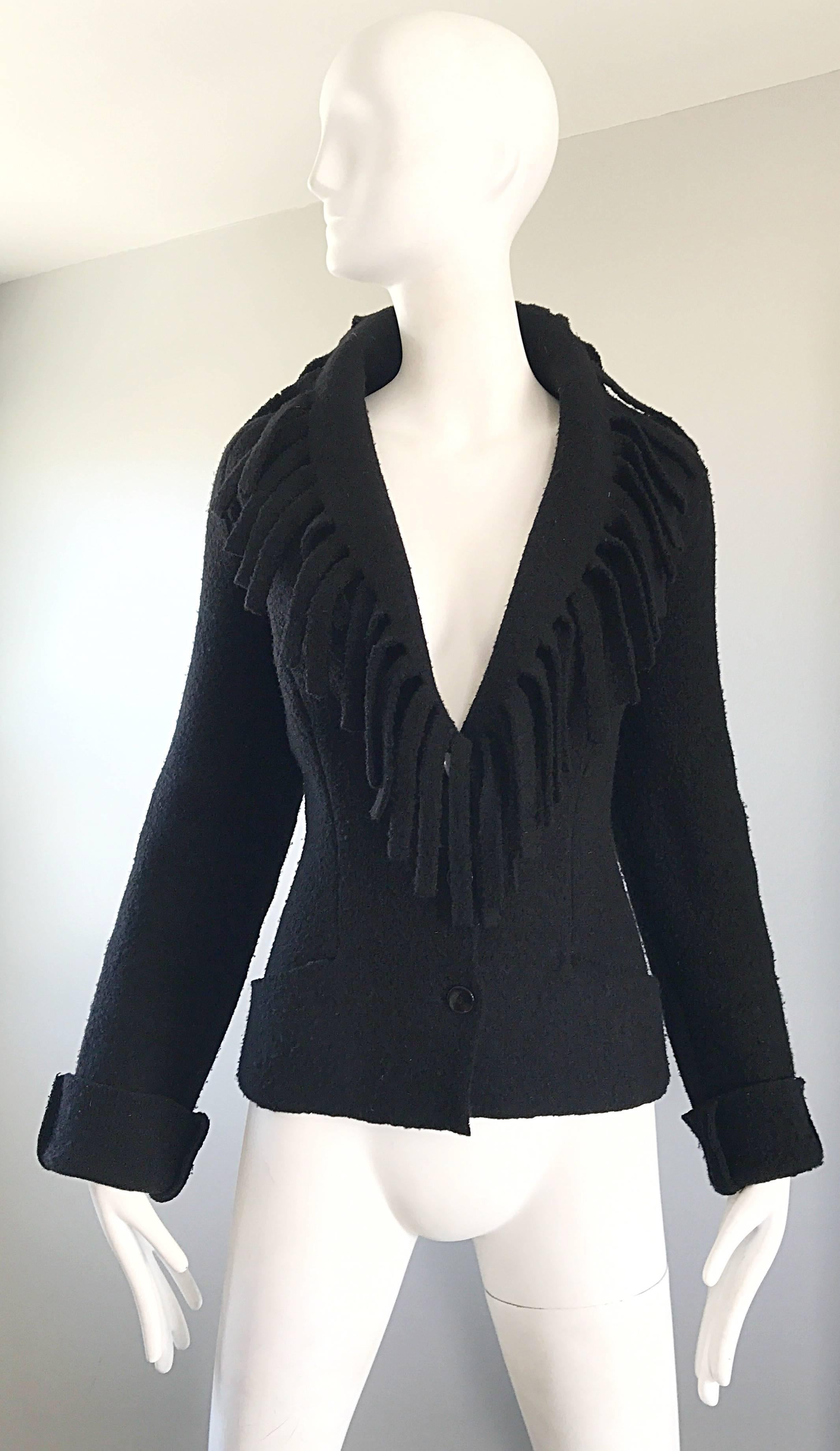 Women's or Men's Rare Vintage Thierry Mugler Black Fringe Collar Avant Garde Boiled Wool Jacket  For Sale