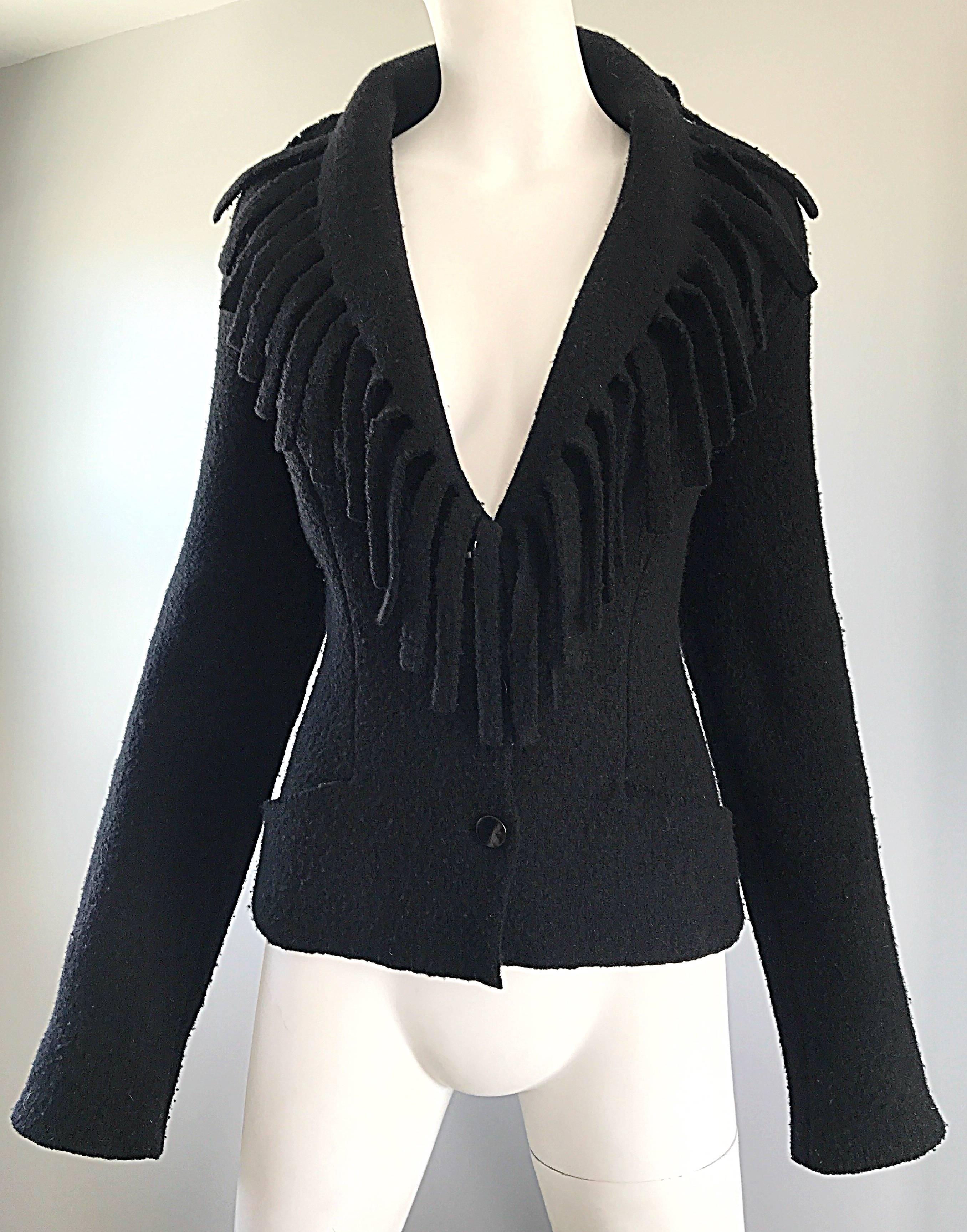 Rare Vintage Thierry Mugler Black Fringe Collar Avant Garde Boiled Wool Jacket  For Sale 2