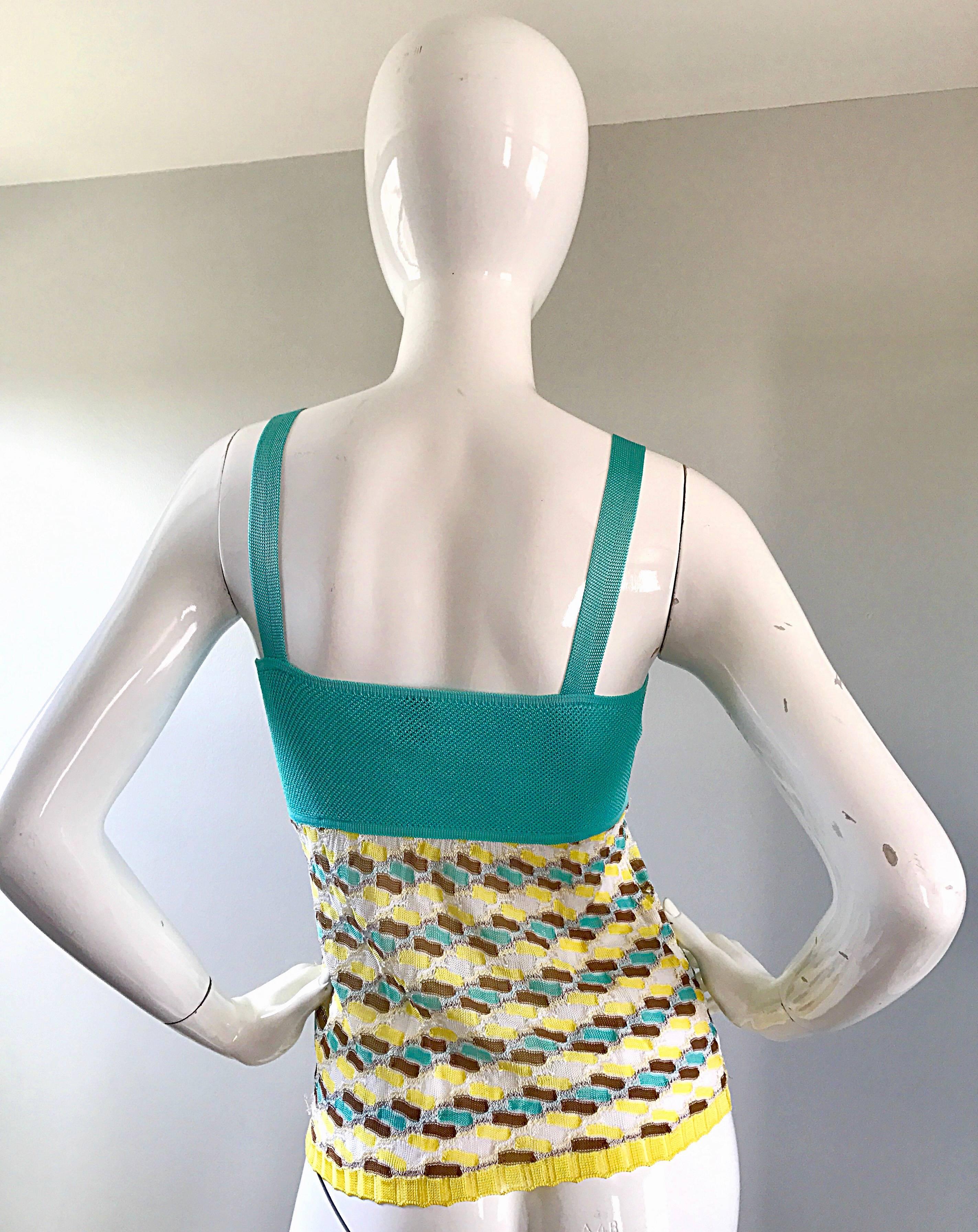 Vintage Missoni 1990s Turquoise Blue + Yellow + White + Brown Knit Rayon 90s Top In Excellent Condition In San Diego, CA