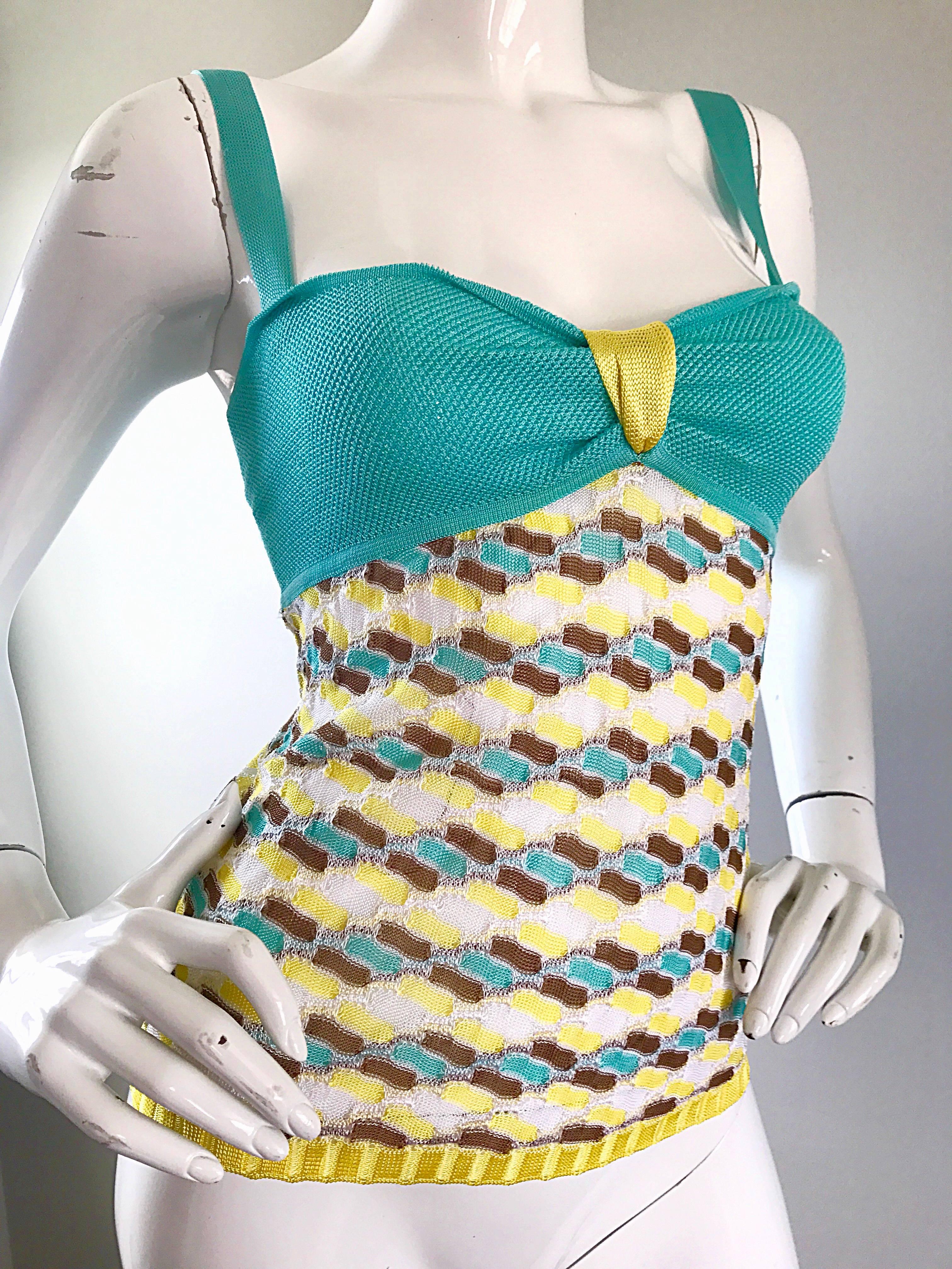 Women's Vintage Missoni 1990s Turquoise Blue + Yellow + White + Brown Knit Rayon 90s Top