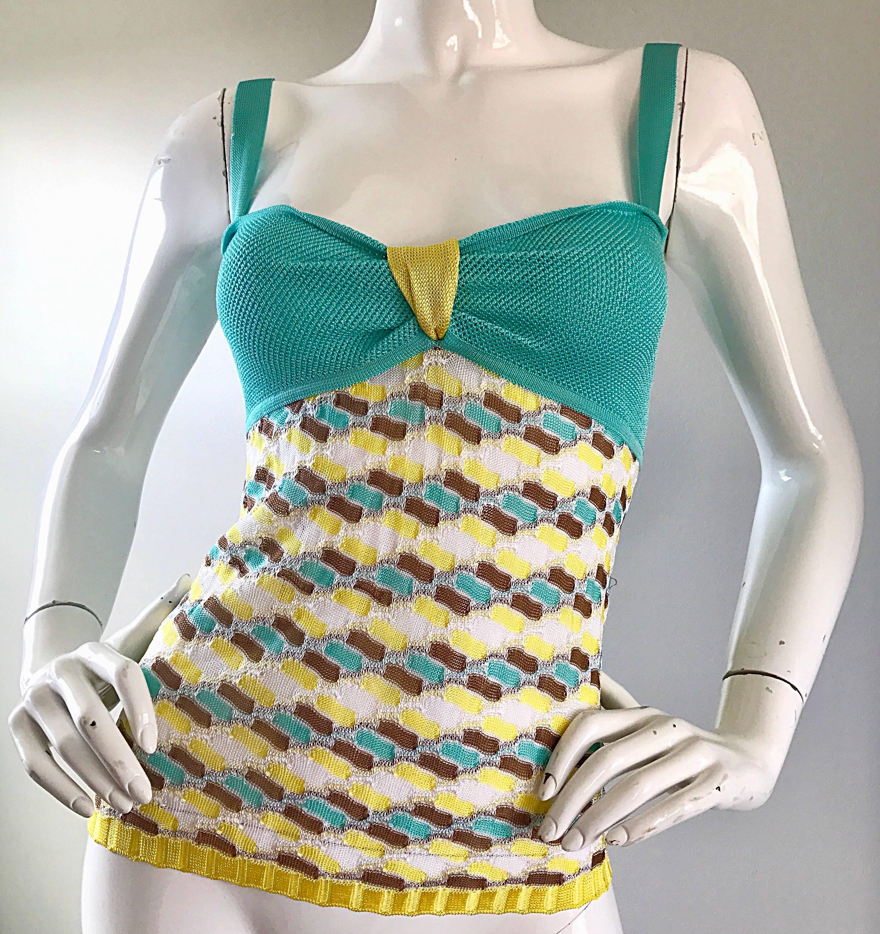 Vintage Missoni 1990s Turquoise Blue + Yellow + White + Brown Knit Rayon 90s Top 1