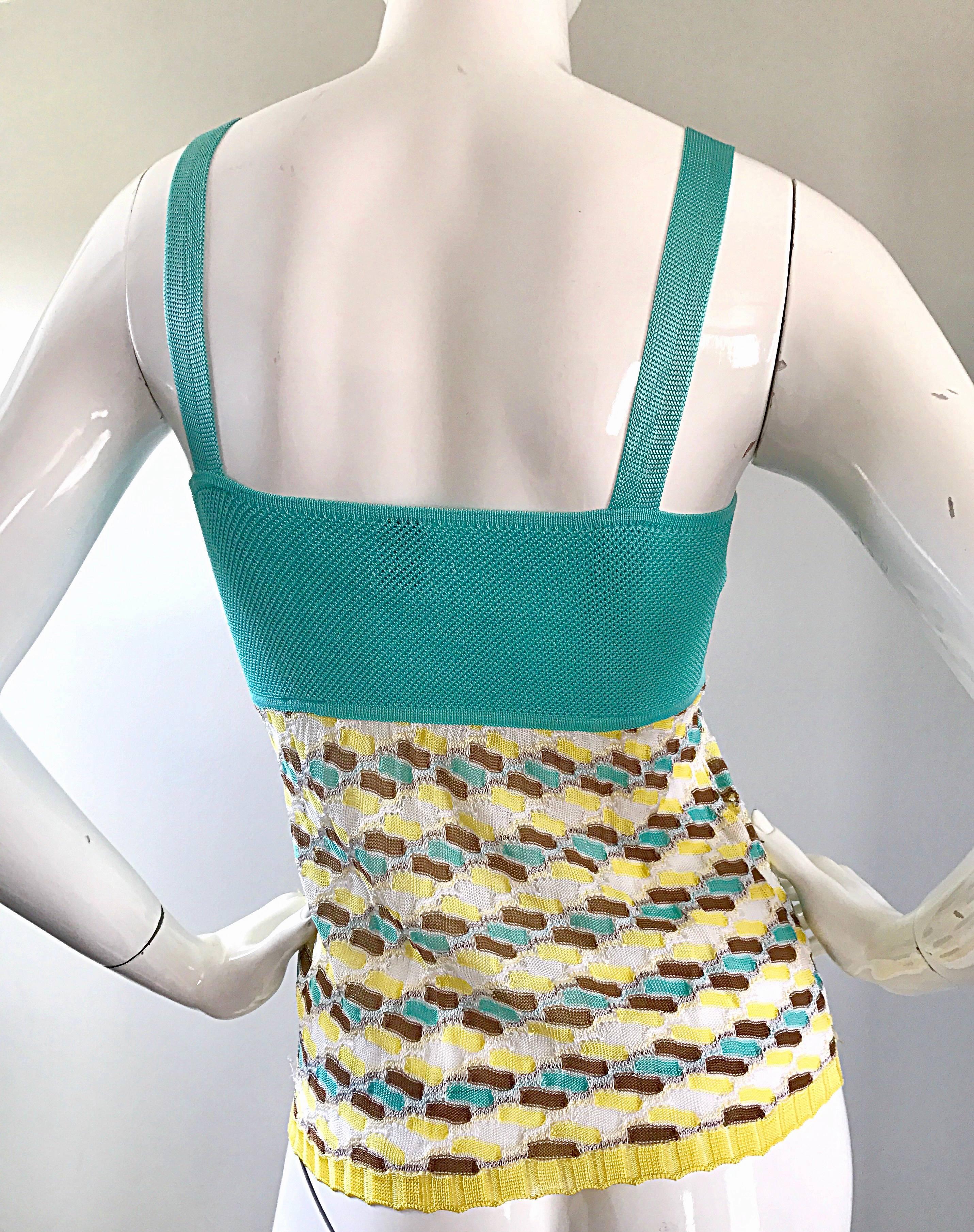 Vintage Missoni 1990s Turquoise Blue + Yellow + White + Brown Knit Rayon 90s Top 2