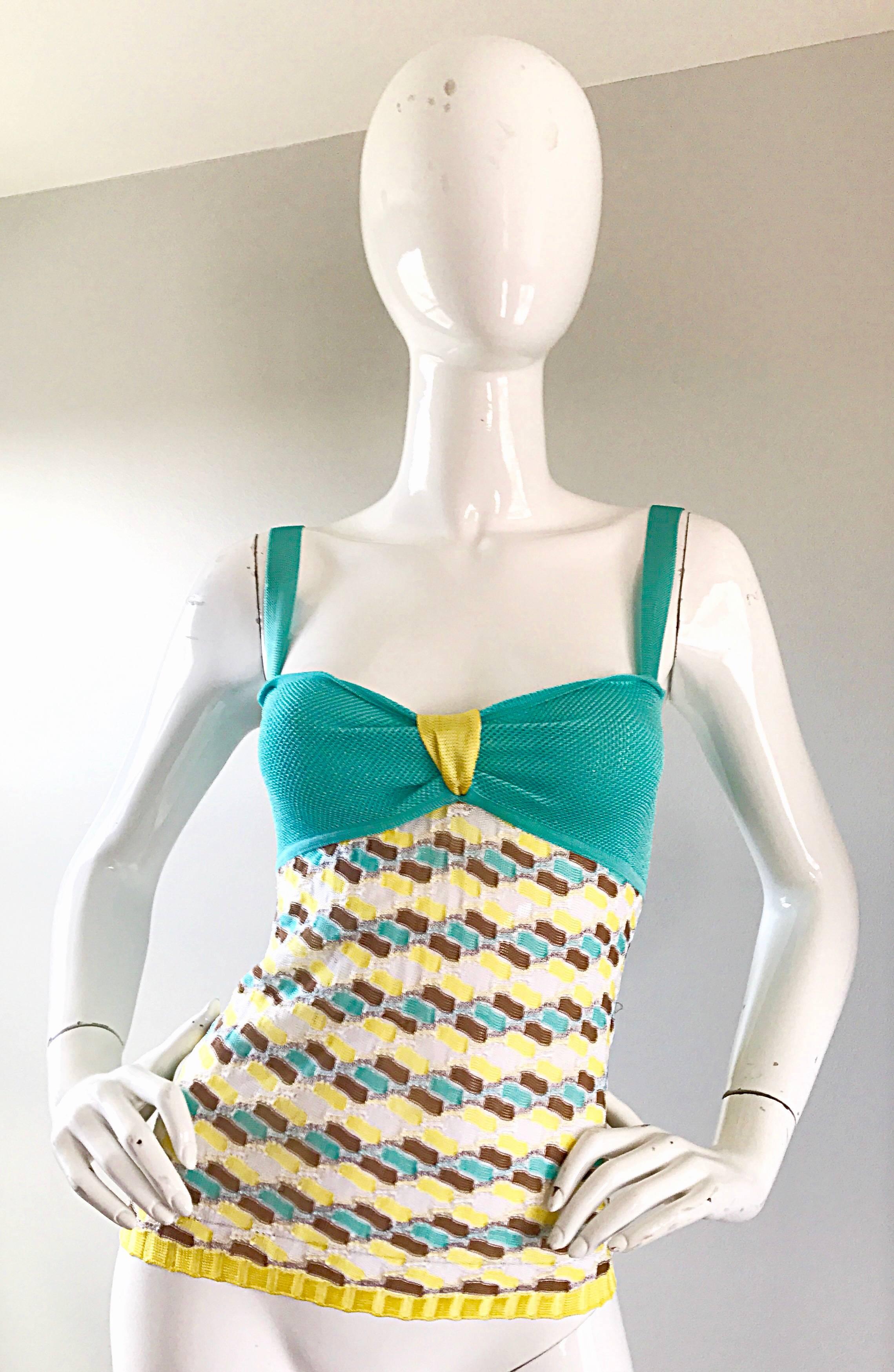 Vintage Missoni 1990s Turquoise Blue + Yellow + White + Brown Knit Rayon 90s Top 4