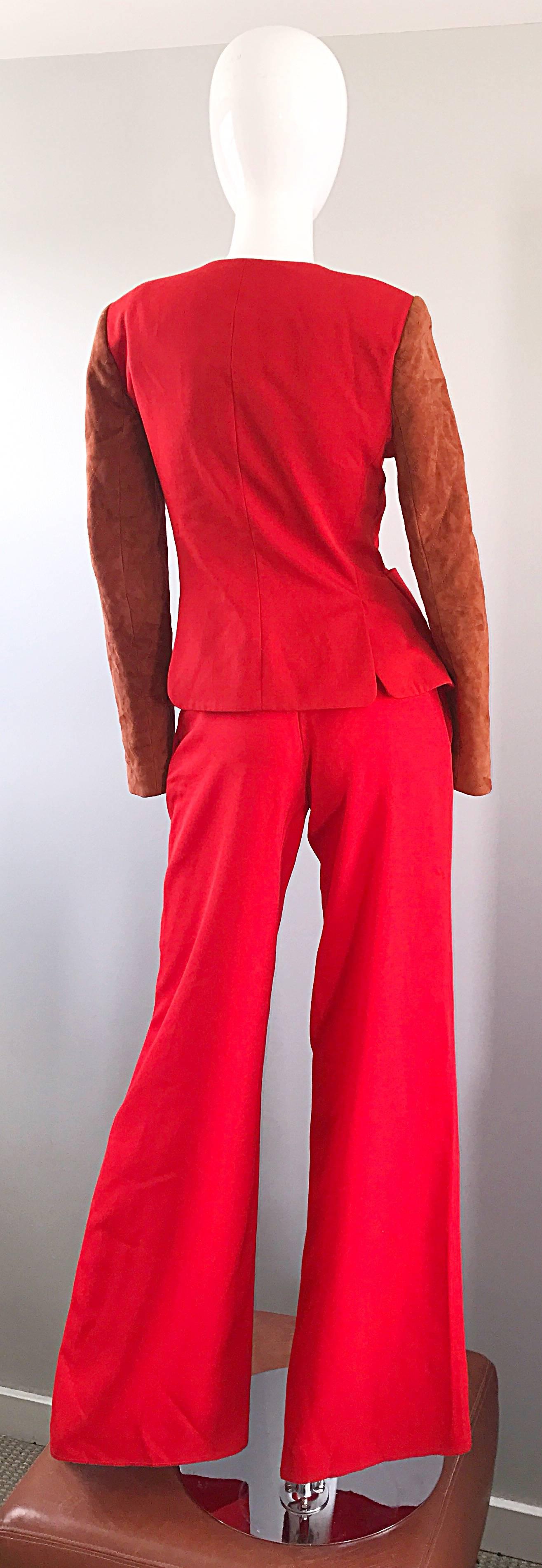 red wide leg pant suit