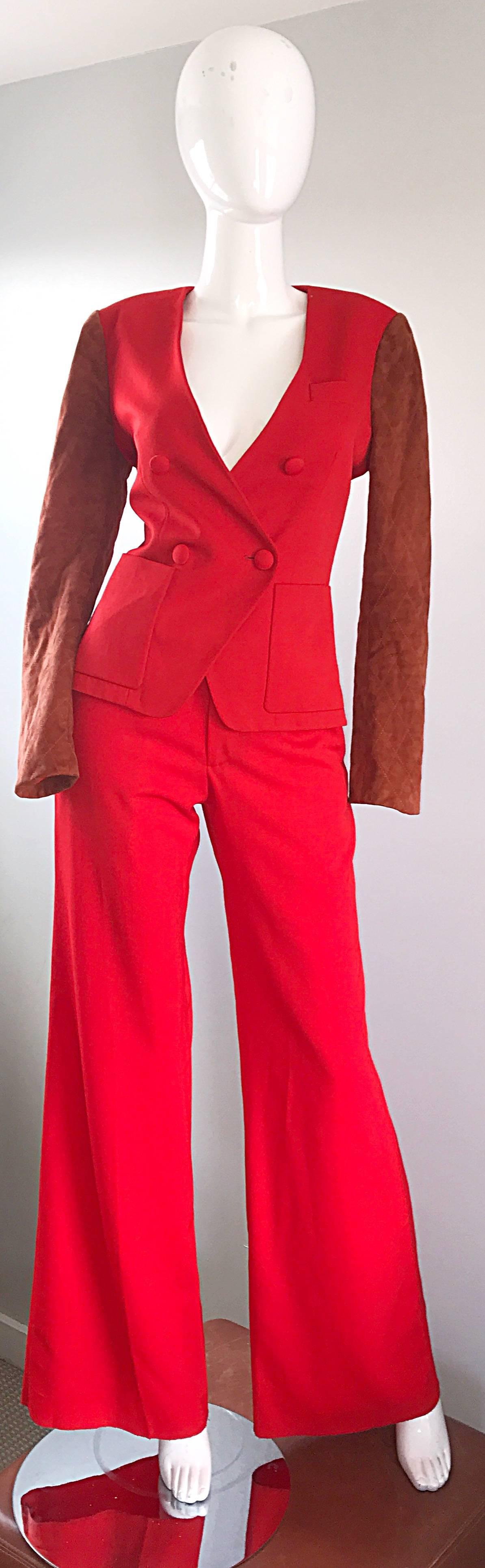 1990s Douglas Hannant Red + Burnt Orange Wool and Suede Leather Wide Leg Suit  2