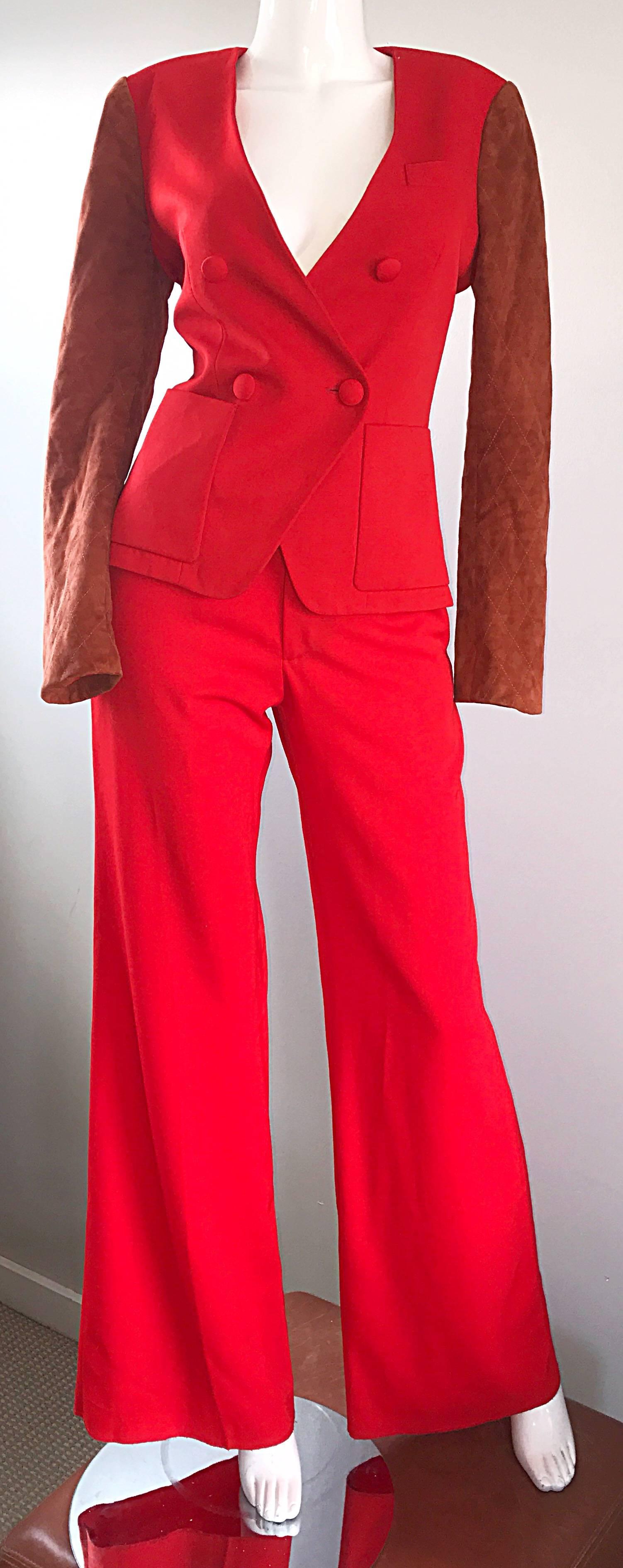 1990s Douglas Hannant Red + Burnt Orange Wool and Suede Leather Wide Leg Suit  In Excellent Condition In San Diego, CA