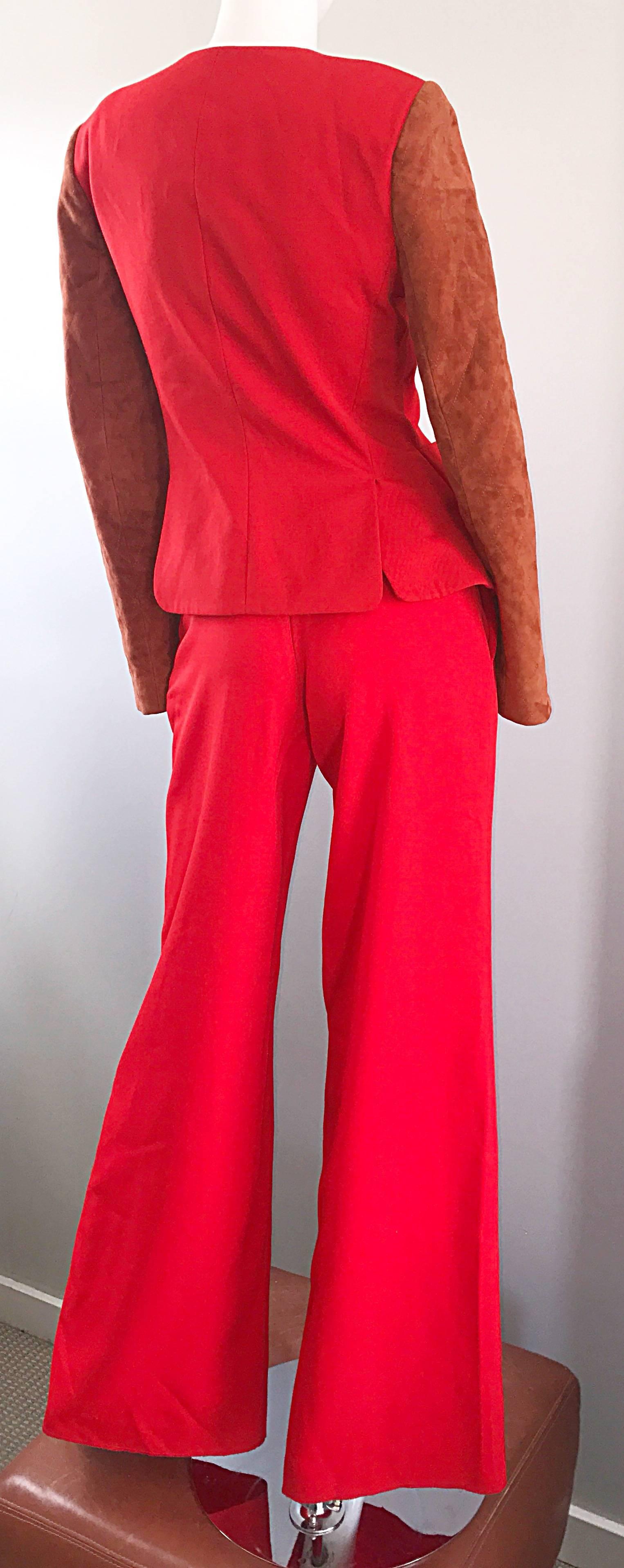 Women's 1990s Douglas Hannant Red + Burnt Orange Wool and Suede Leather Wide Leg Suit 