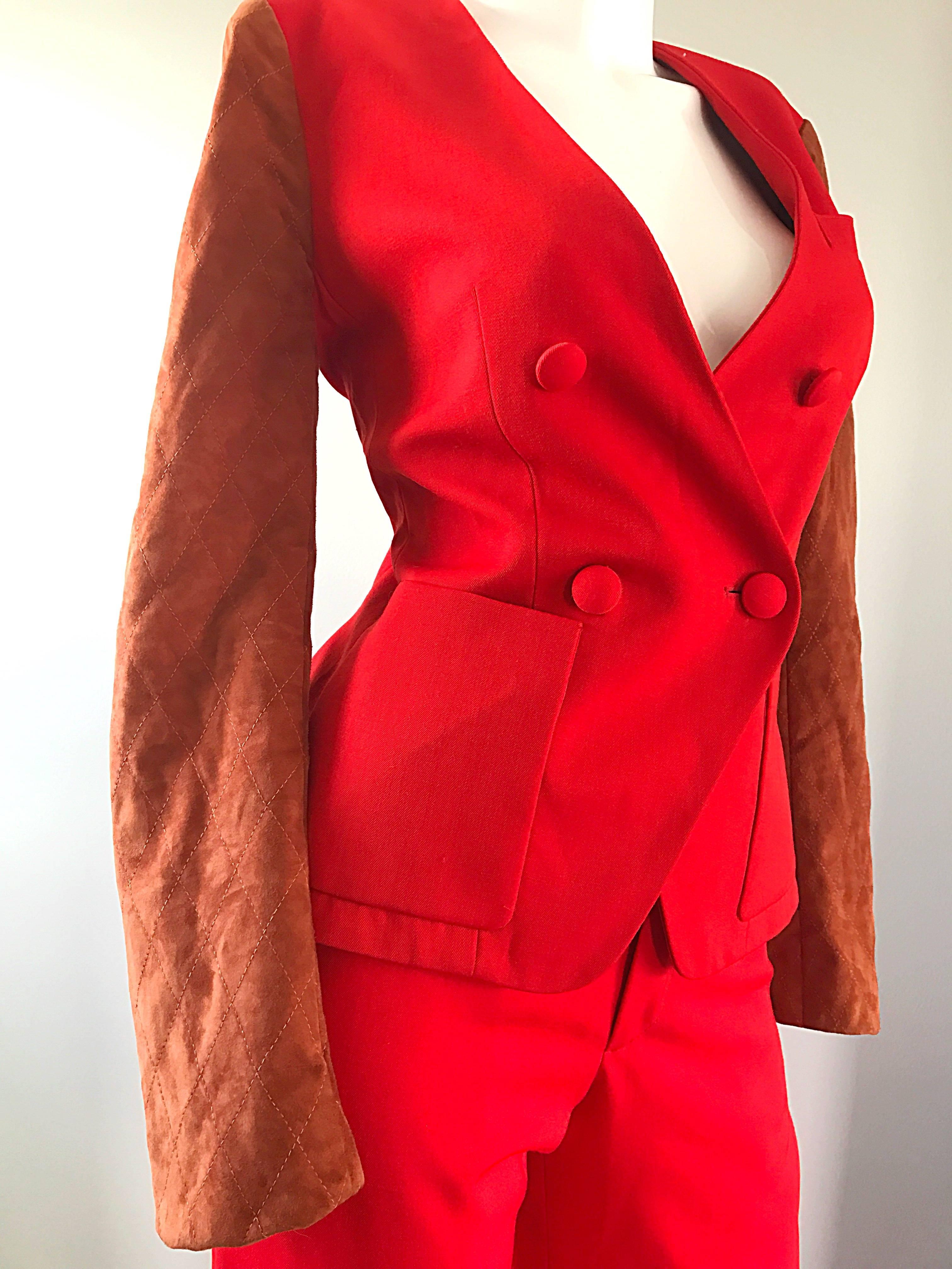 1990s Douglas Hannant Red + Burnt Orange Wool and Suede Leather Wide Leg Suit  1