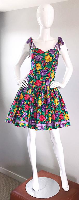 Vintage Blair Woolverton 1980s Floral Ribbon Size 4 Cotton Fit N Flare 80s Dress