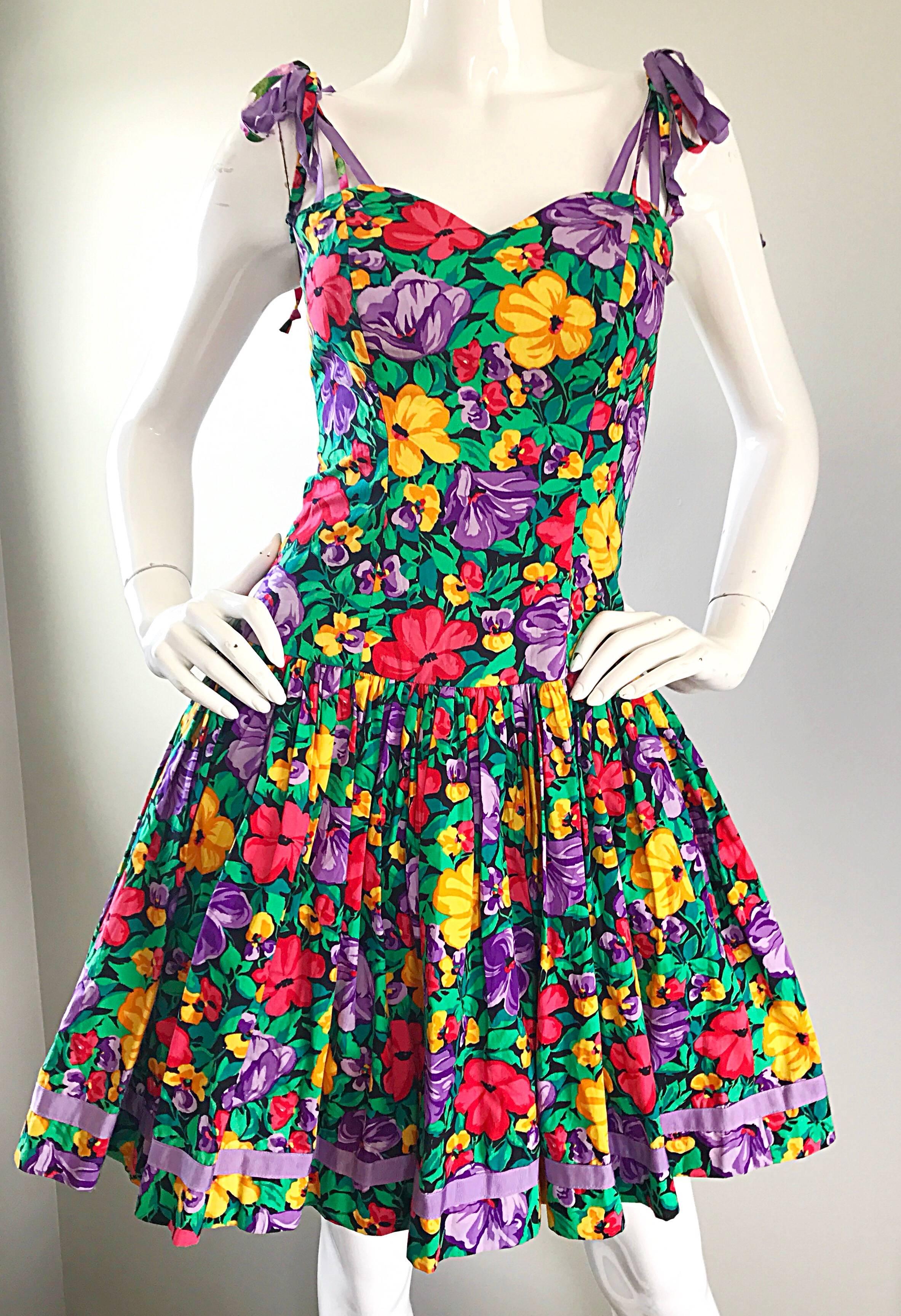 Vintage Blair Woolverton 1980s Floral Ribbon Größe 4 Baumwolle Fit n Flare 80s Kleid Damen im Angebot