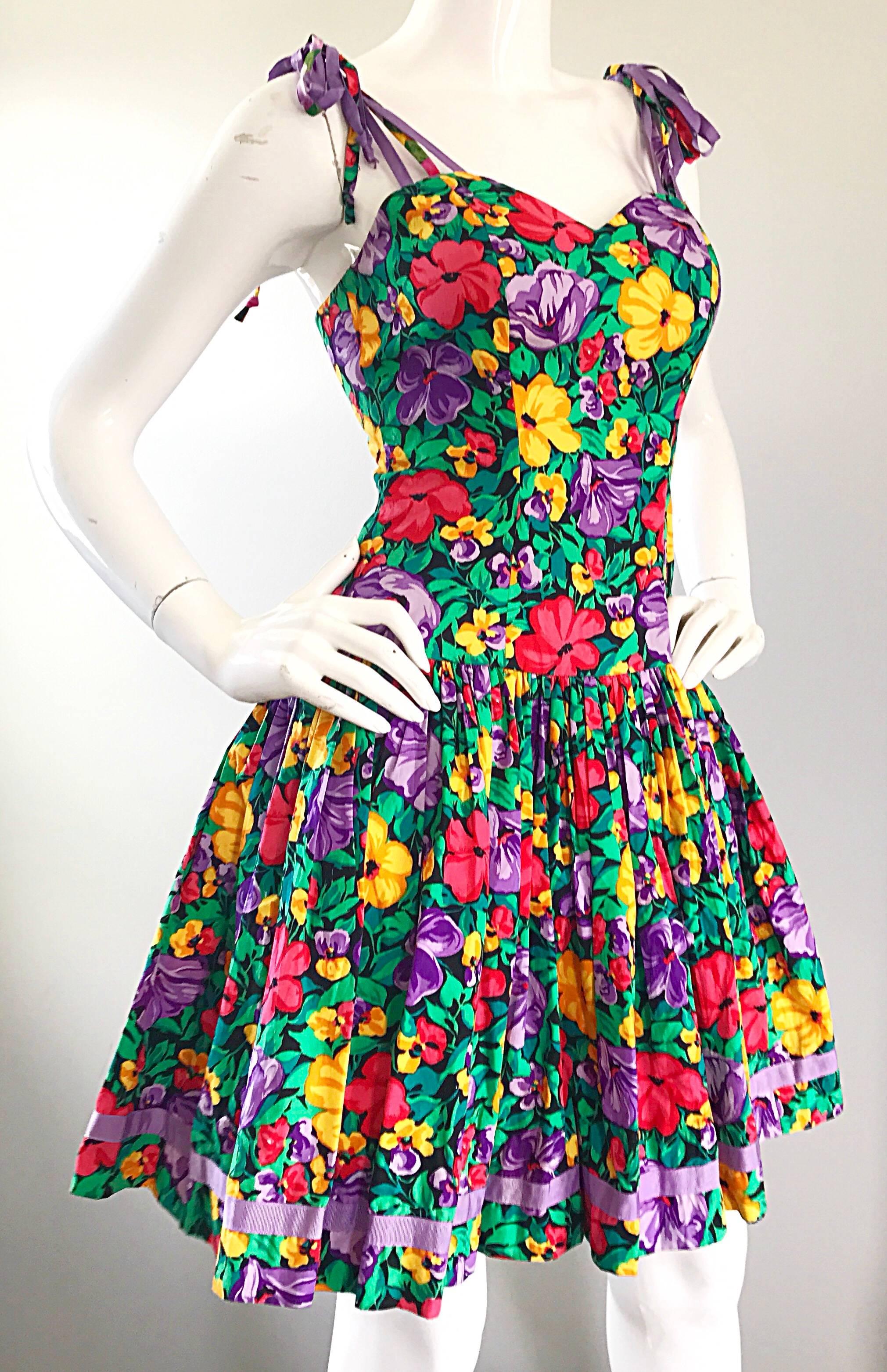 Women's Vintage Blair Woolverton 1980s Floral Ribbon Size 4 Cotton Fit n Flare 80s Dress For Sale