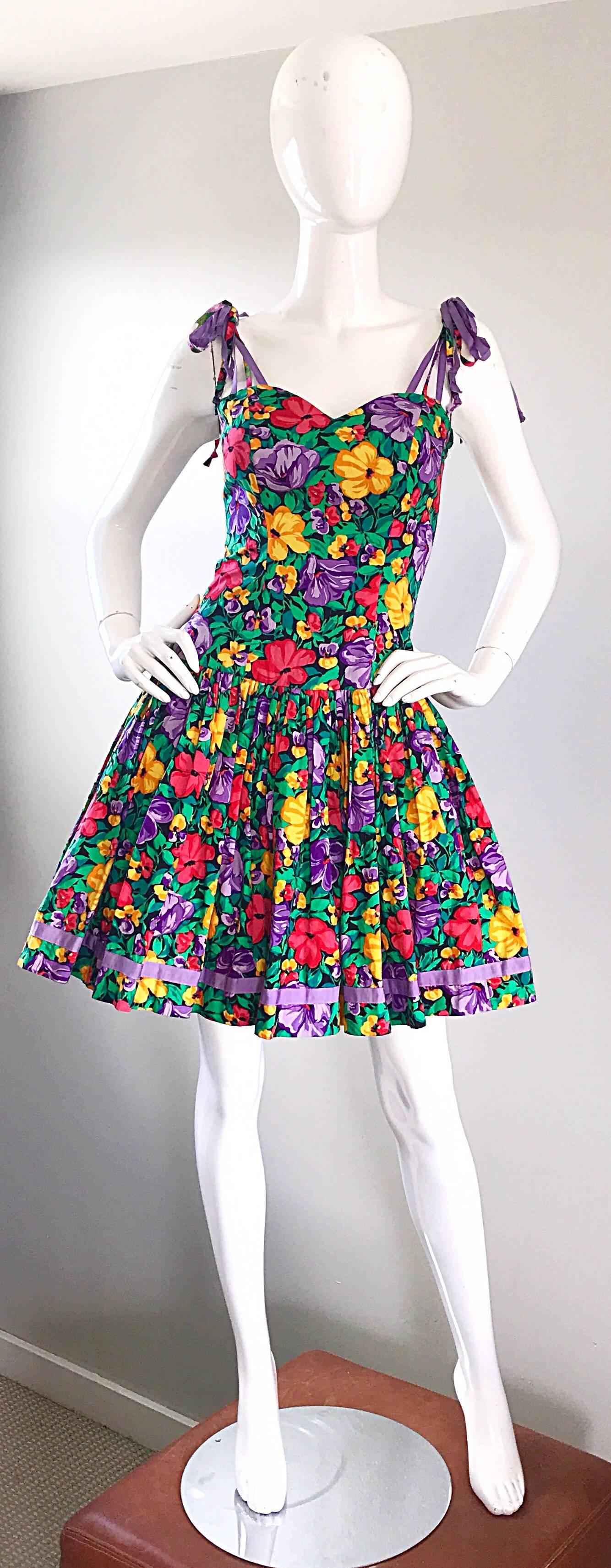 Vintage Blair Woolverton 1980s Floral Ribbon Size 4 Cotton Fit n Flare 80s Dress For Sale 1