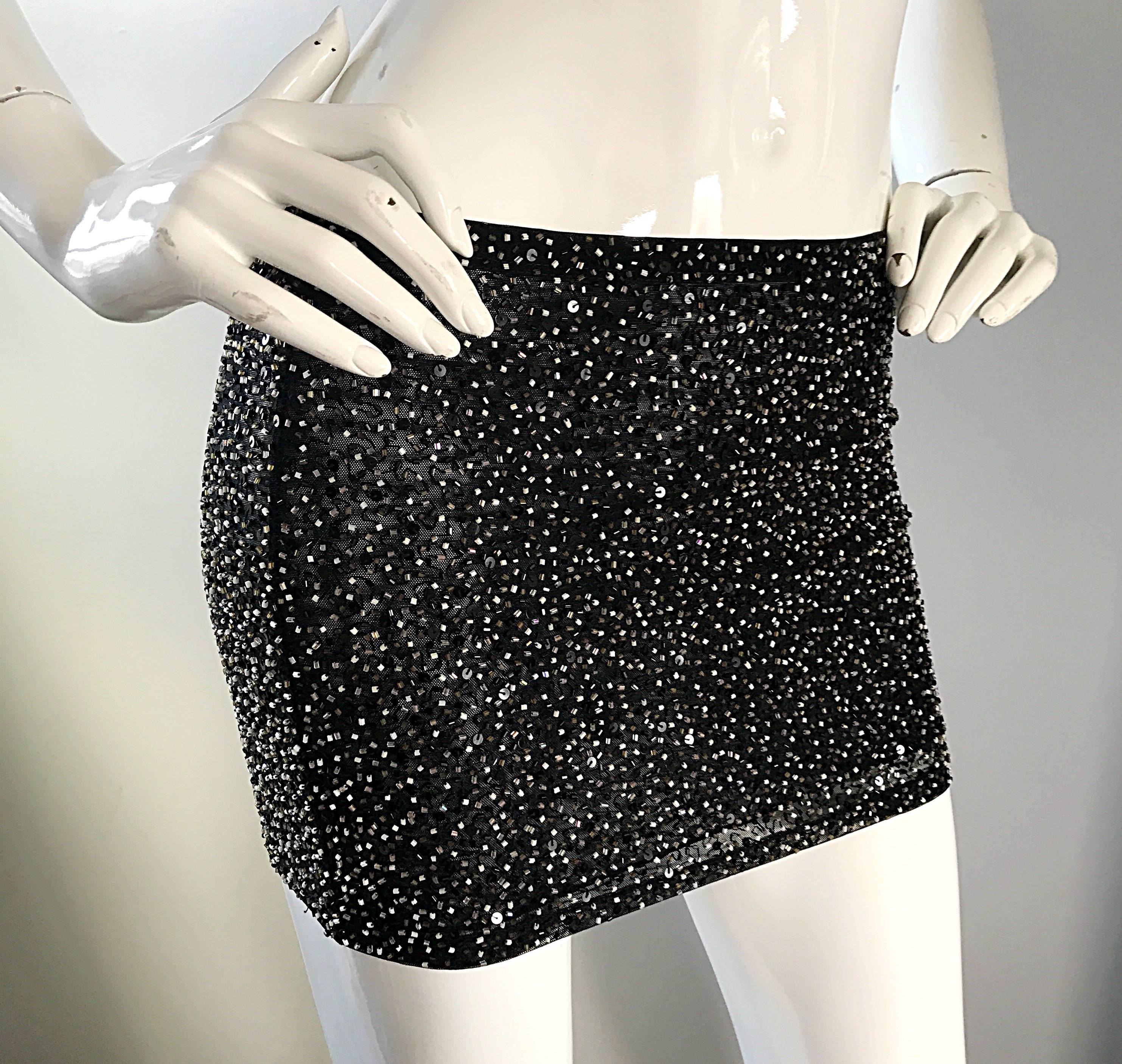 1990s KRIZIA Black + Brown + Silver Fully Beaded Vintage Mini Skirt Or Tube Top For Sale 1