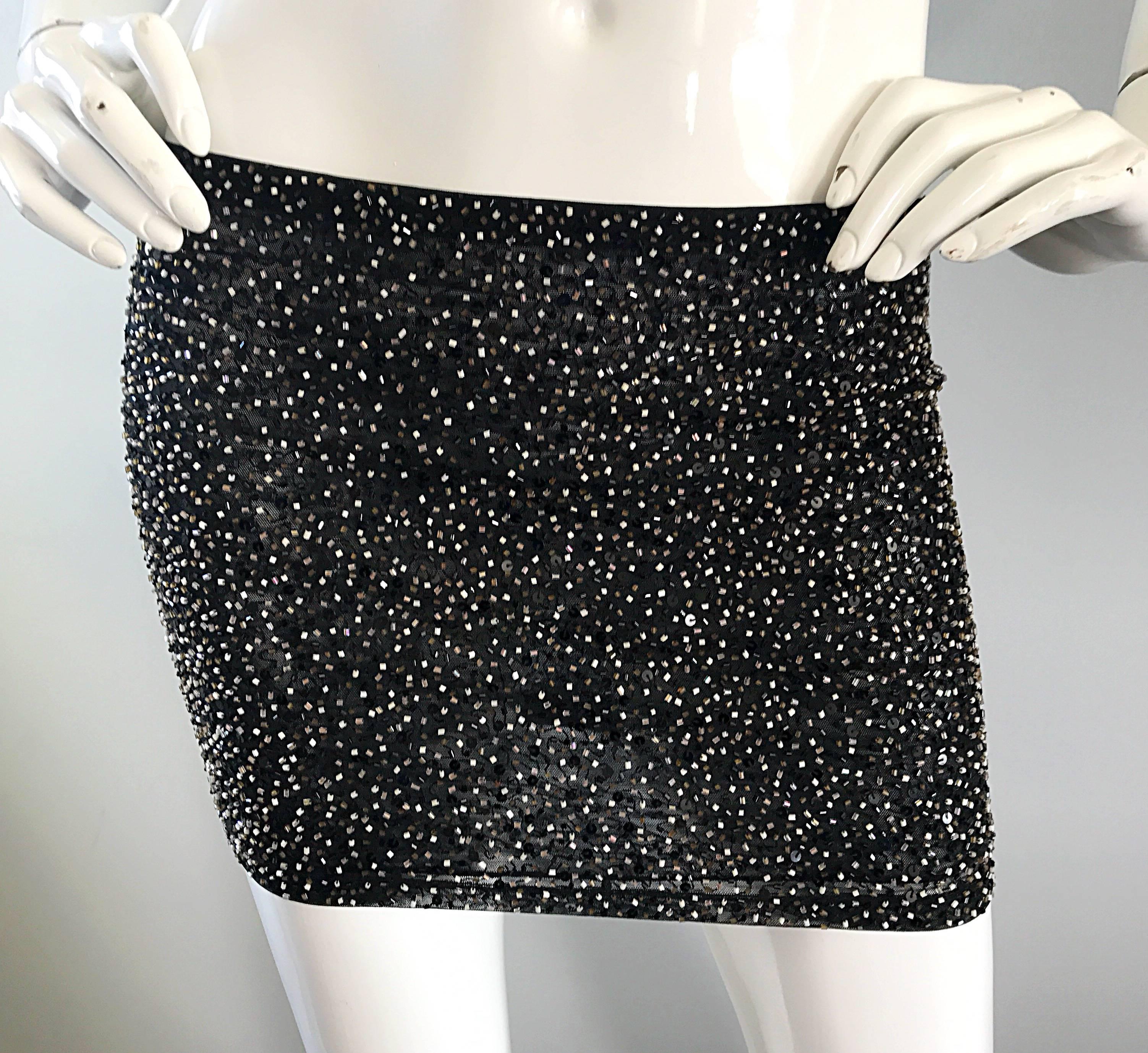 Women's 1990s KRIZIA Black + Brown + Silver Fully Beaded Vintage Mini Skirt Or Tube Top For Sale