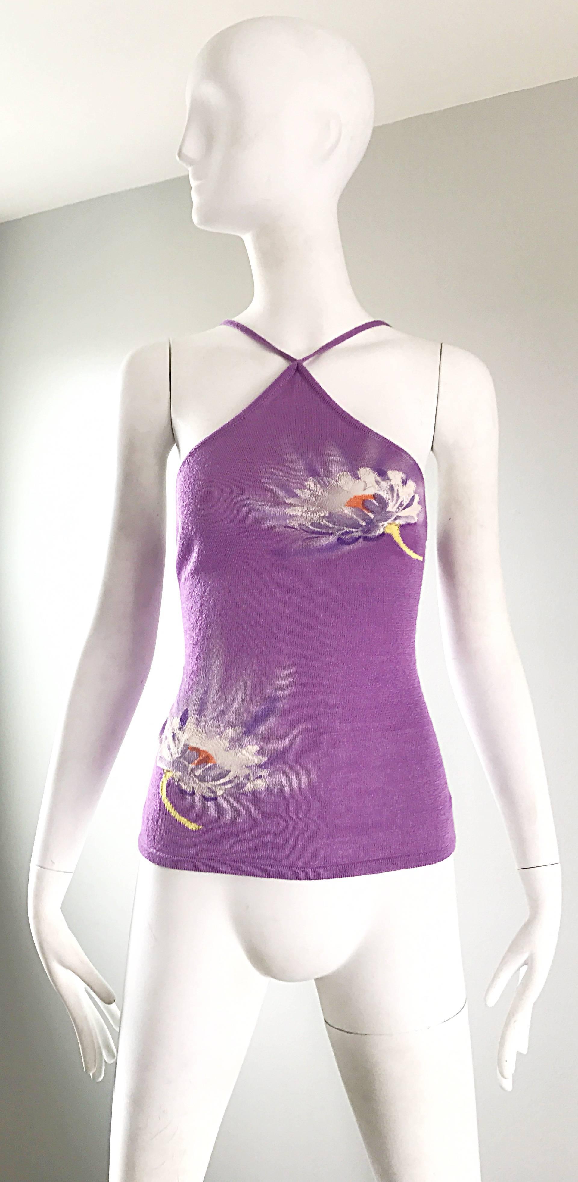 Incredible Spring 92 collectible pre-death 90s GIANNI VERSACE COUTURE lilac purple hand woven rayon halter top! Feauters 3-D hand-woven flower print in purple, white, orange and yellow. Signature 1990s flattering fit that stretches to fit the body.