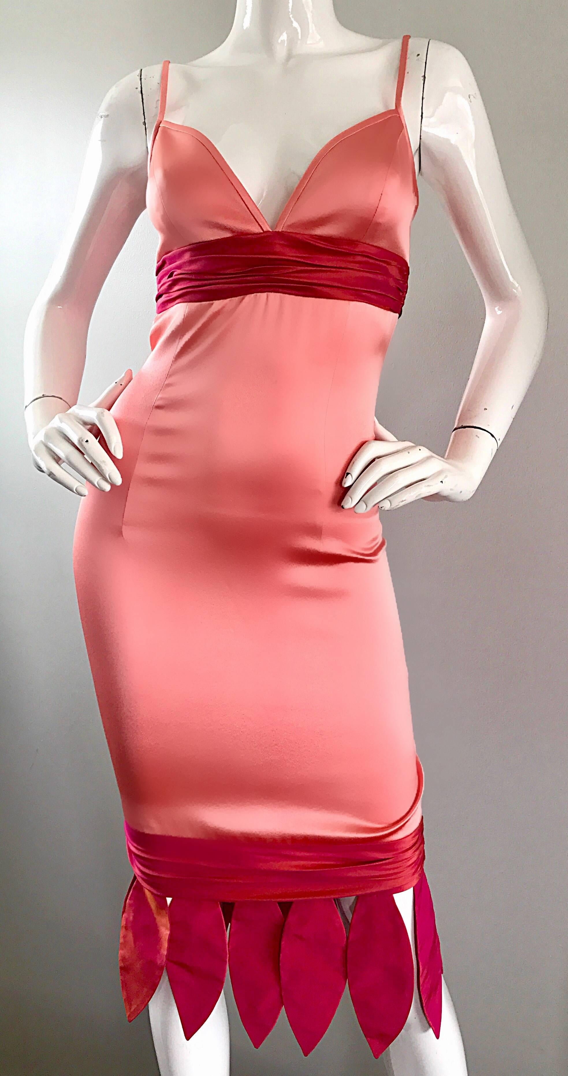 Rare 1990s Coltrane Conui Couture Pink + Raspberry ' Petal ' Silk Bodycon Dress For Sale 1