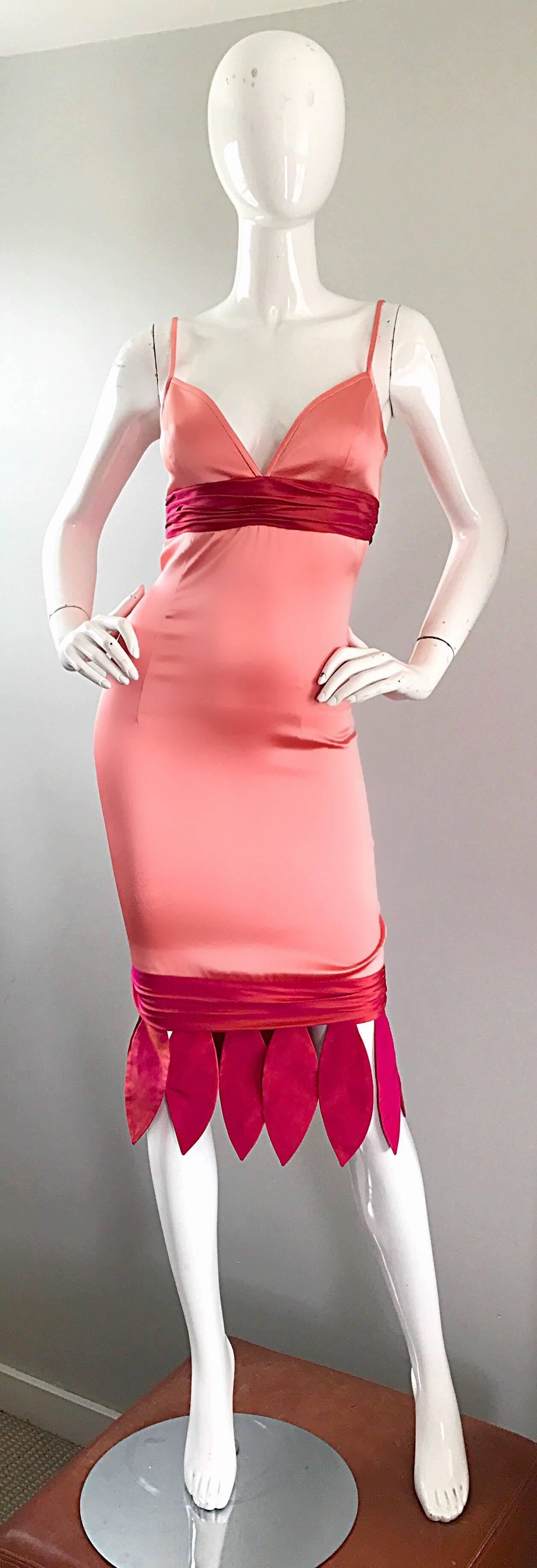 Rare 1990s Coltrane Conui Couture Pink + Raspberry ' Petal ' Silk Bodycon Dress For Sale 4