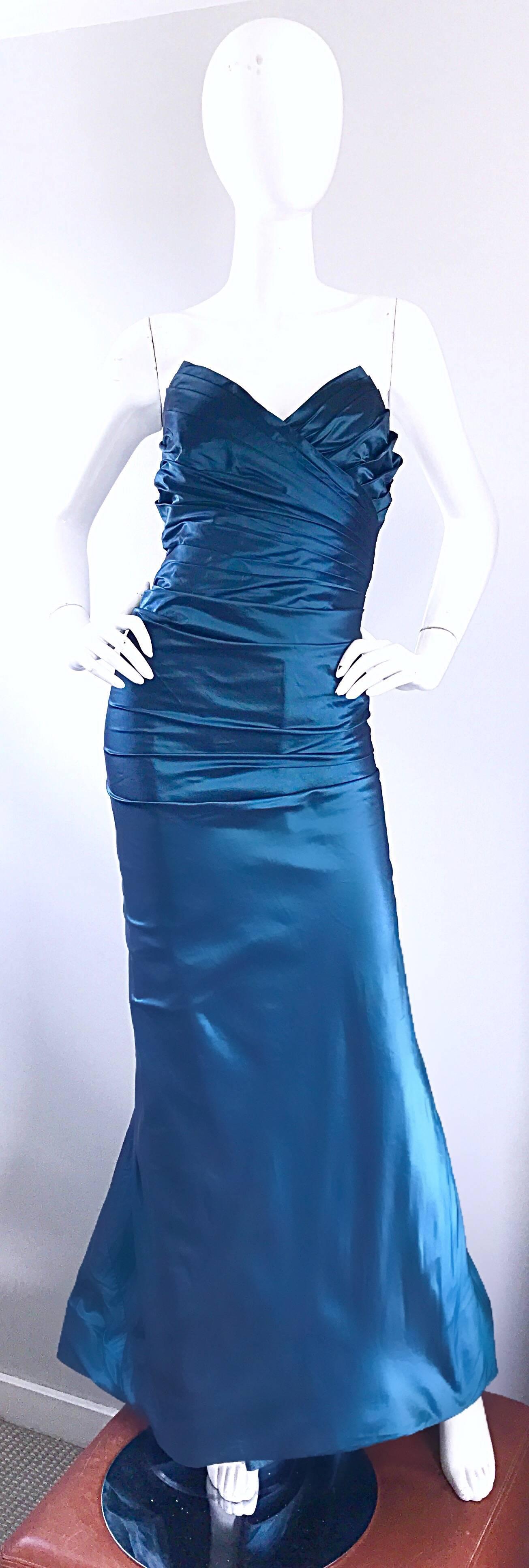 blue silk strapless dress