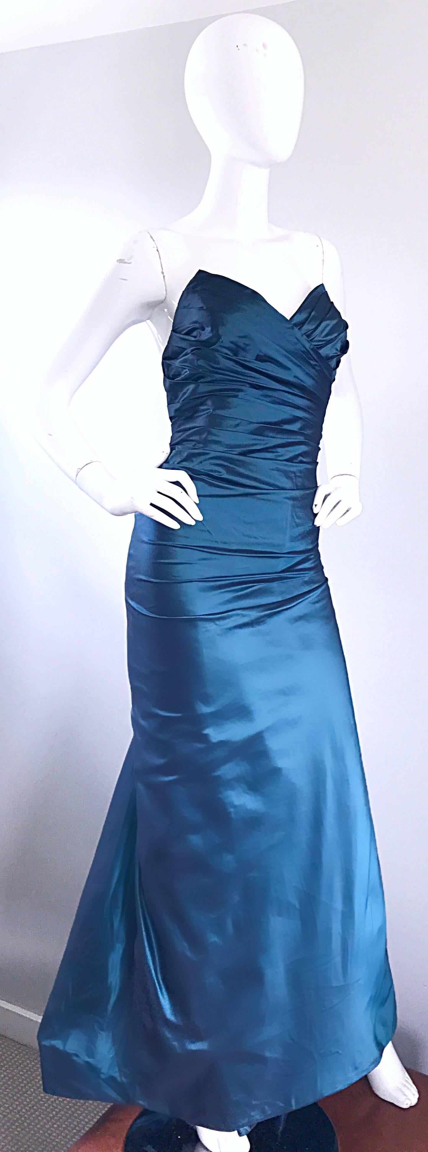 blue strapless silk dress