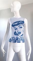 1990 Todd Oldham Op Art Blu + Bianco Vintage Top senza maniche in cotone con strass