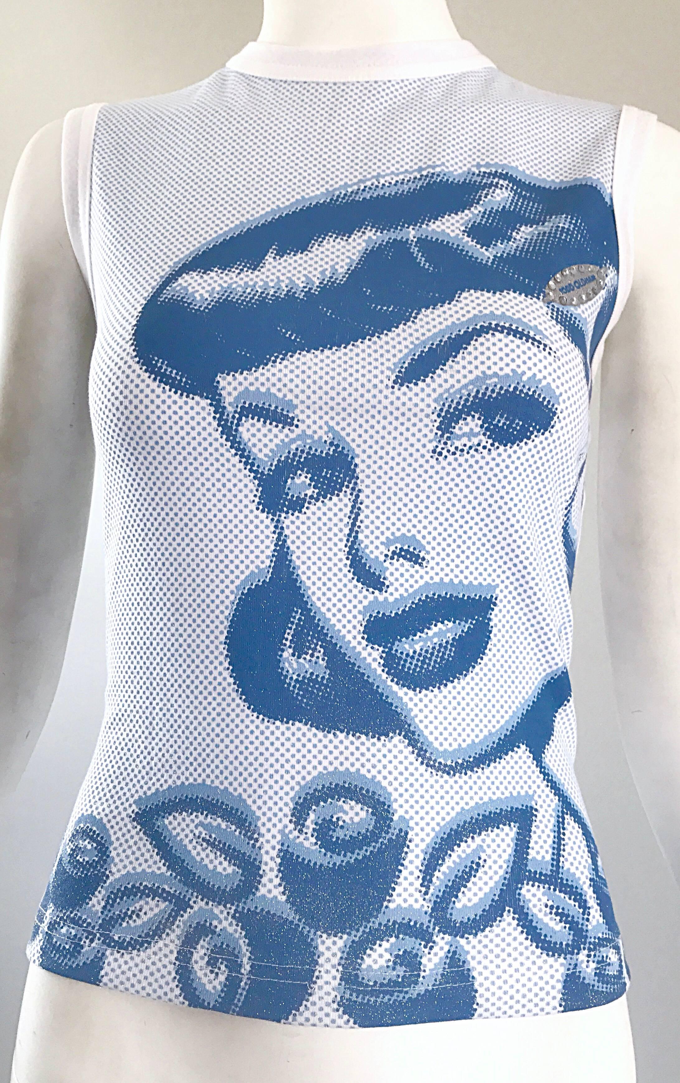 Women's 1990s Todd Oldham Op Art Blue + White Vintage Sleeveless Cotton Rhinestone Top  