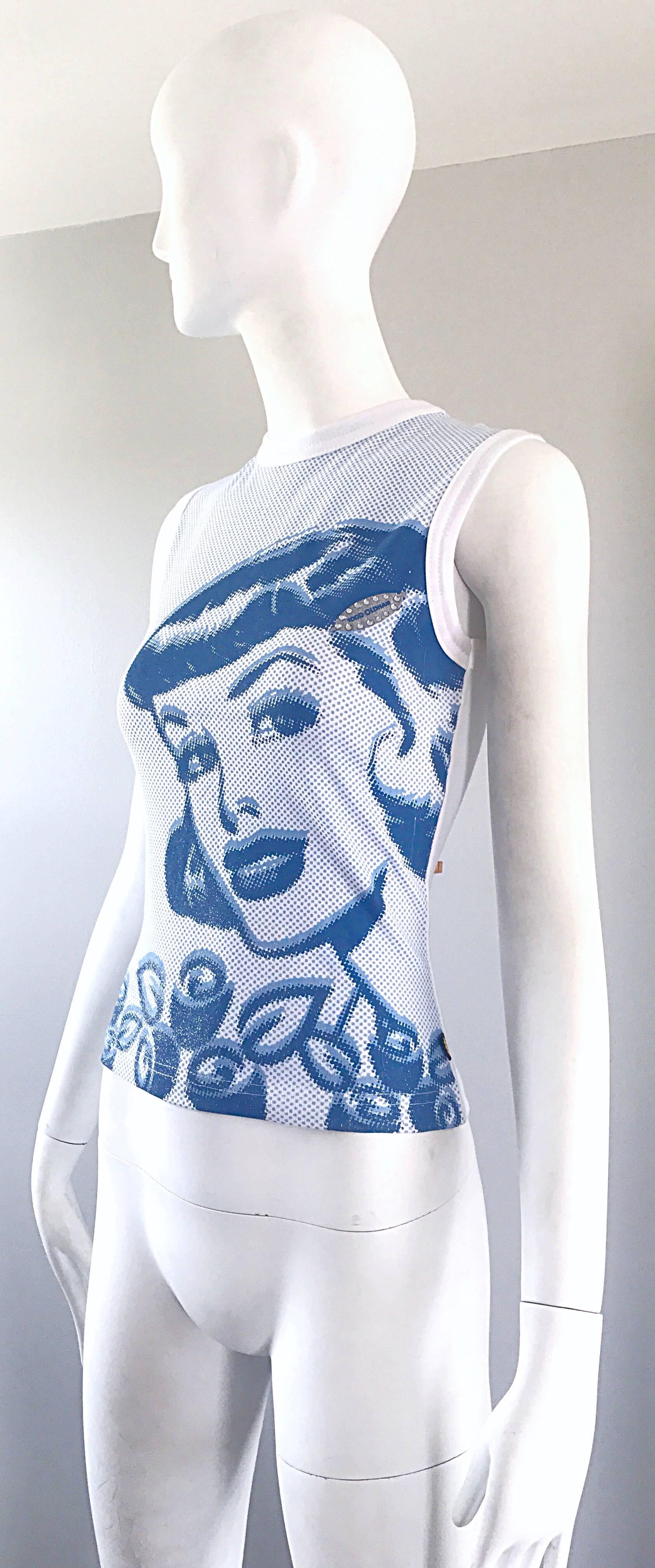 1990s Todd Oldham Op Art Blue + White Vintage Sleeveless Cotton Rhinestone Top   1