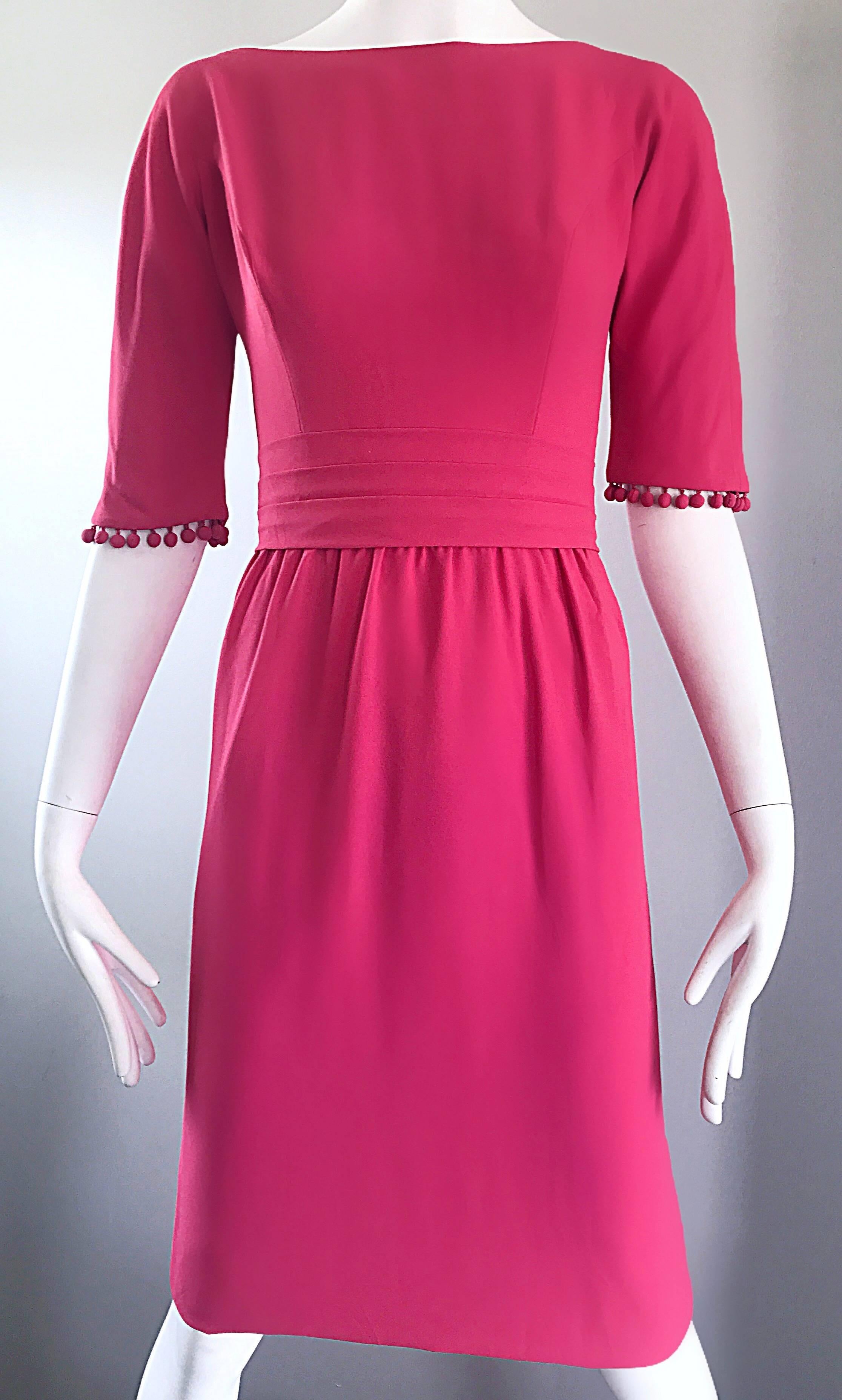 Women's Beautiful 1950s Demi Couture Raspberry Pink 3/4 Sleeves Vintage 50s Crepe Dress  For Sale