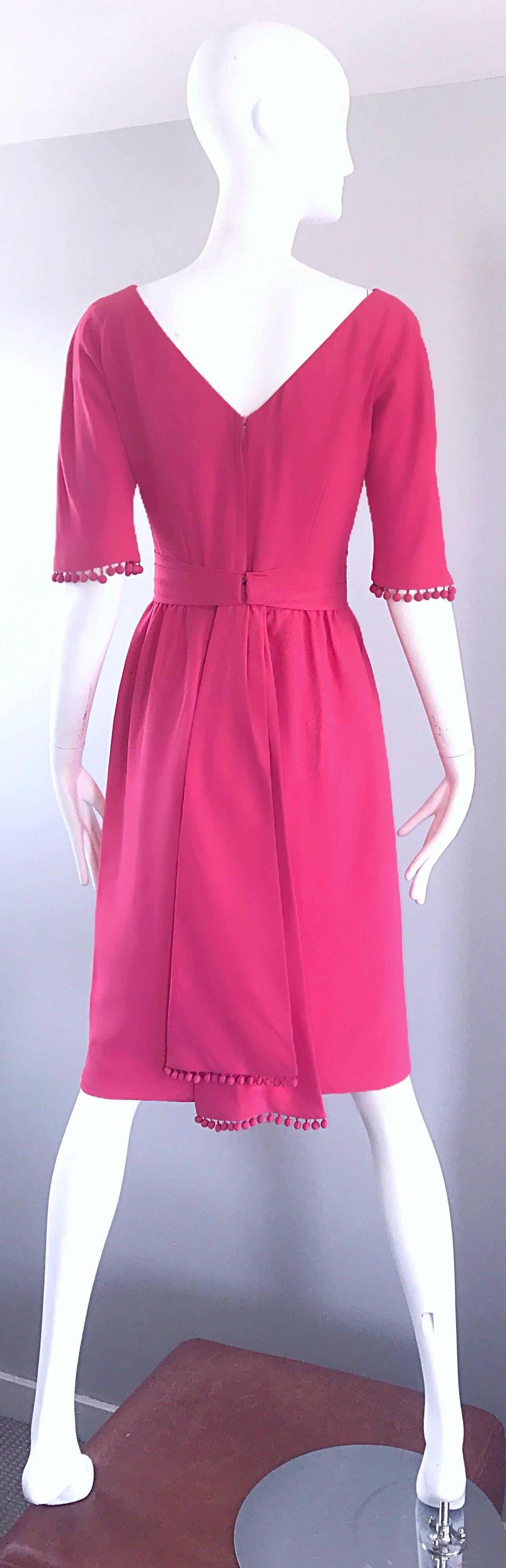 Beautiful 1950s Demi Couture Raspberry Pink 3/4 Sleeves Vintage 50s Crepe Dress  For Sale 1