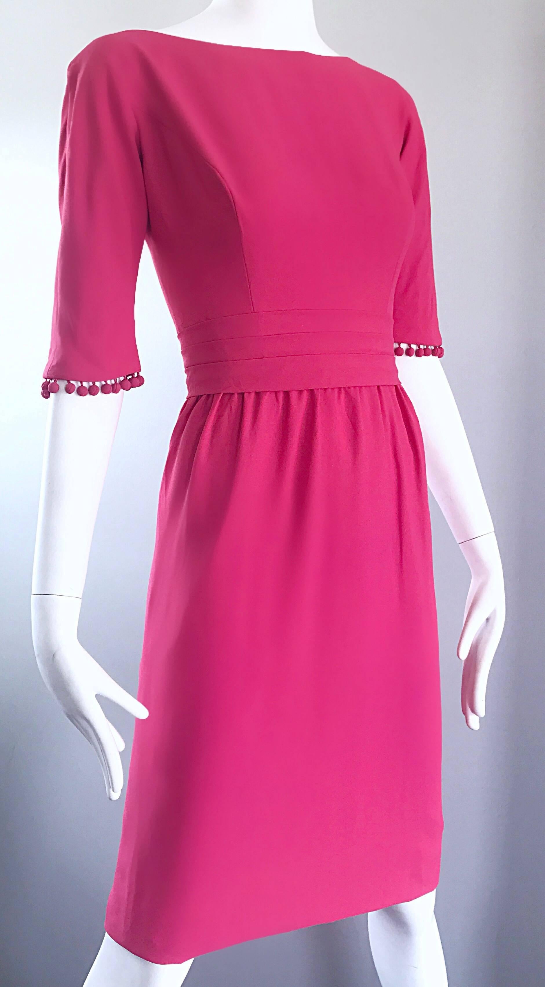 Beautiful 1950s Demi Couture Raspberry Pink 3/4 Sleeves Vintage 50s Crepe Dress  For Sale 2