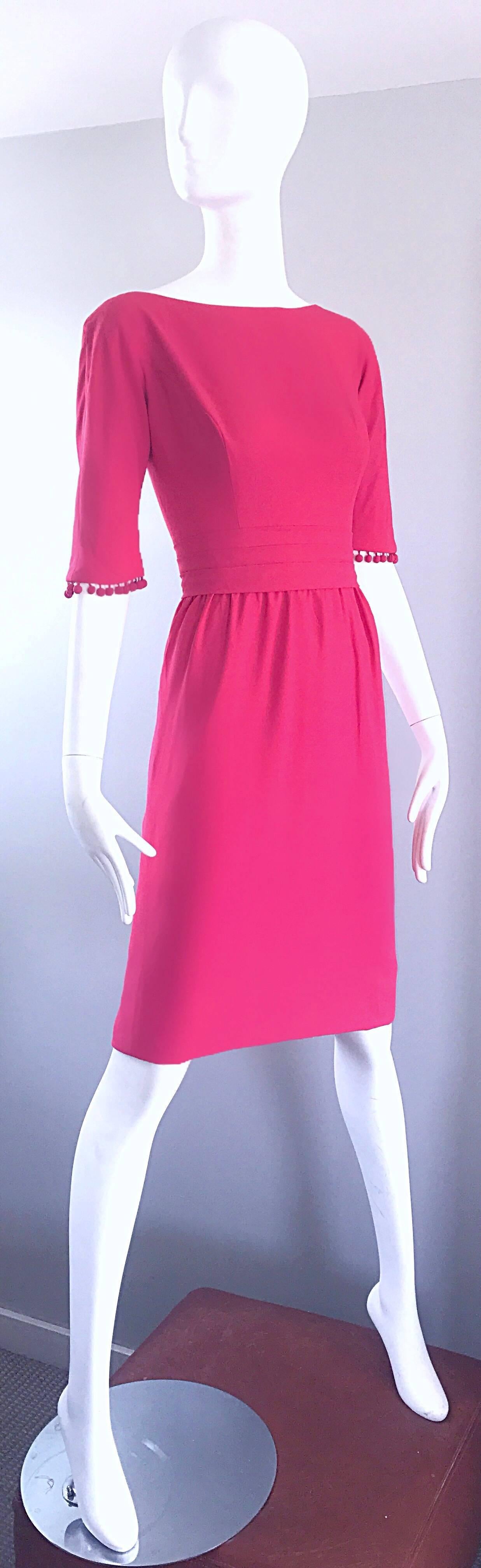 Beautiful 1950s Demi Couture Raspberry Pink 3/4 Sleeves Vintage 50s Crepe Dress  For Sale 3