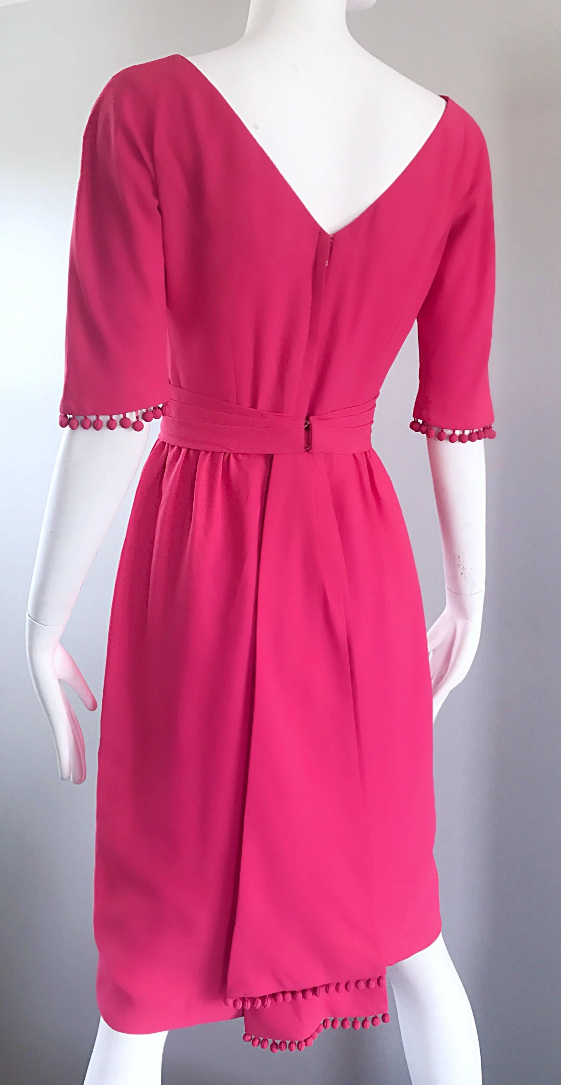 Beautiful 1950s Demi Couture Raspberry Pink 3/4 Sleeves Vintage 50s Crepe Dress  For Sale 4