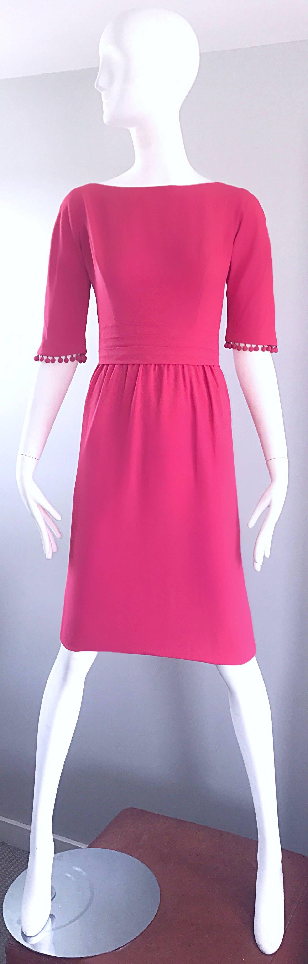 Beautiful 1950s Demi Couture Raspberry Pink 3/4 Sleeves Vintage 50s Crepe Dress  For Sale 5