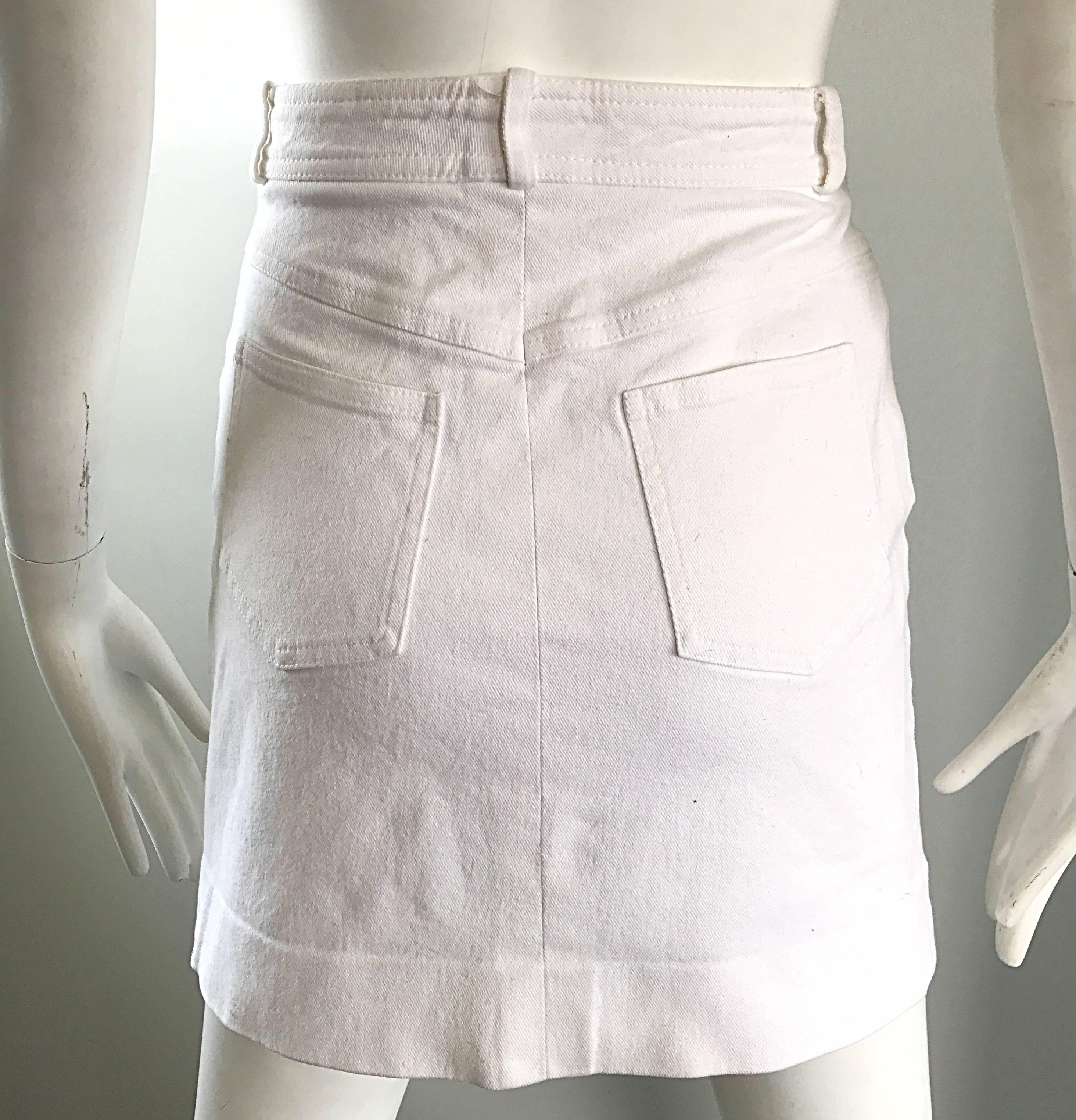 Gray 1990s Celine White Denim Blue Jean Vintage 90s Mini Skirt Size 40 For Sale