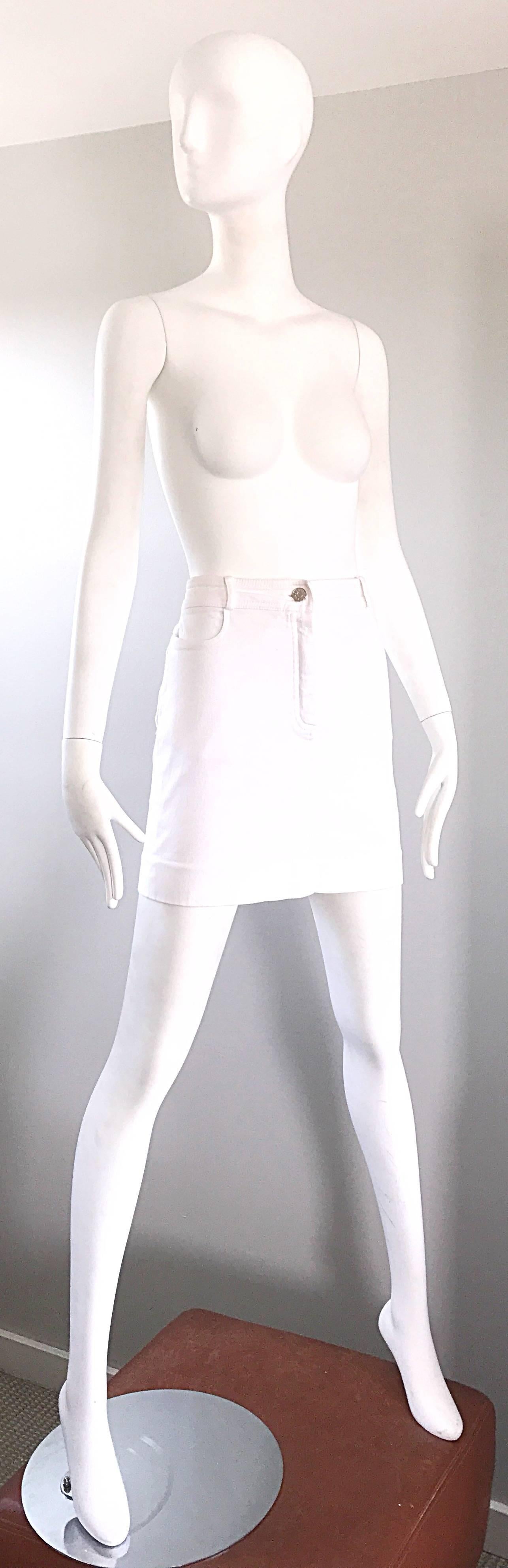 1990s Celine White Denim Blue Jean Vintage 90s Mini Skirt Size 40 In Excellent Condition For Sale In San Diego, CA