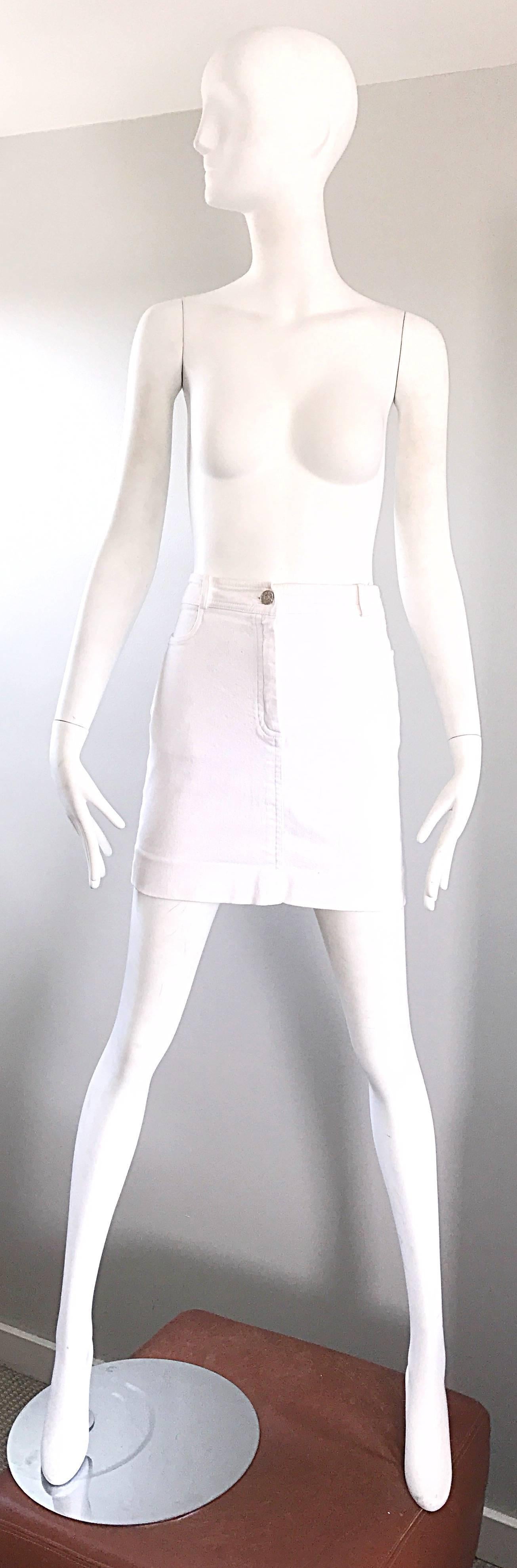 1990s Celine White Denim Blue Jean Vintage 90s Mini Skirt Size 40 For Sale 1