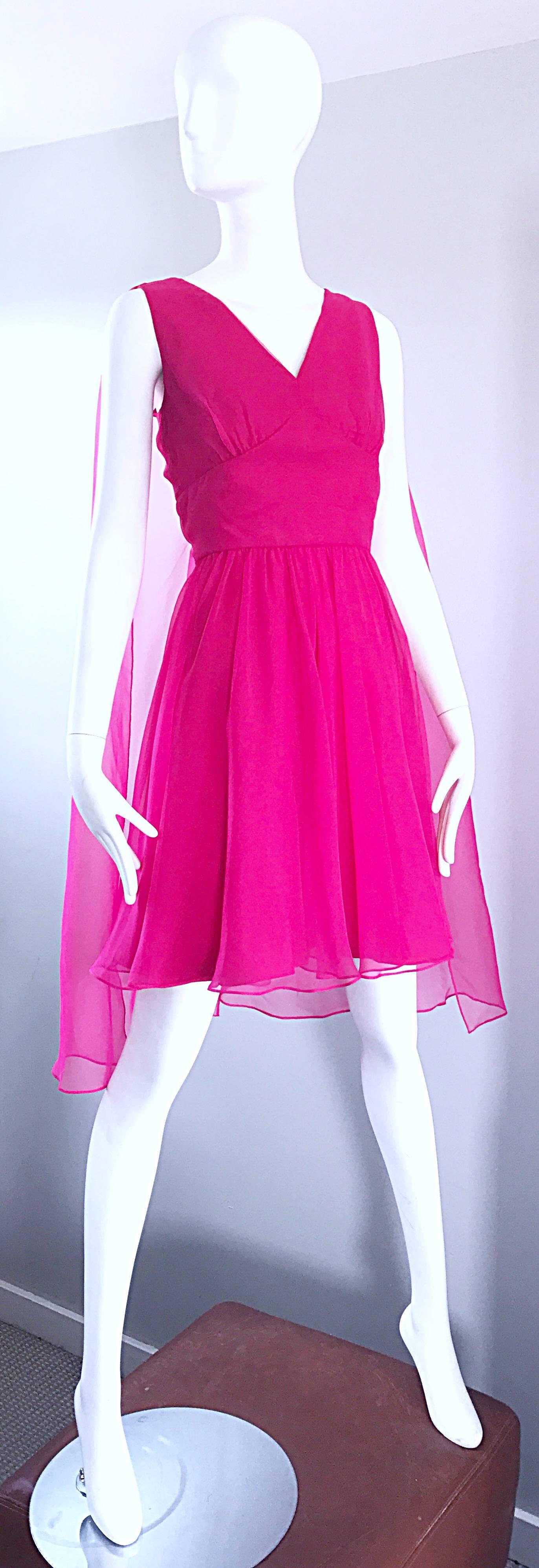 Amazing 1960s Hot Pink Chiffon Sleeveless Vintage 60s Dress w/ Attached Cape  In Excellent Condition In San Diego, CA