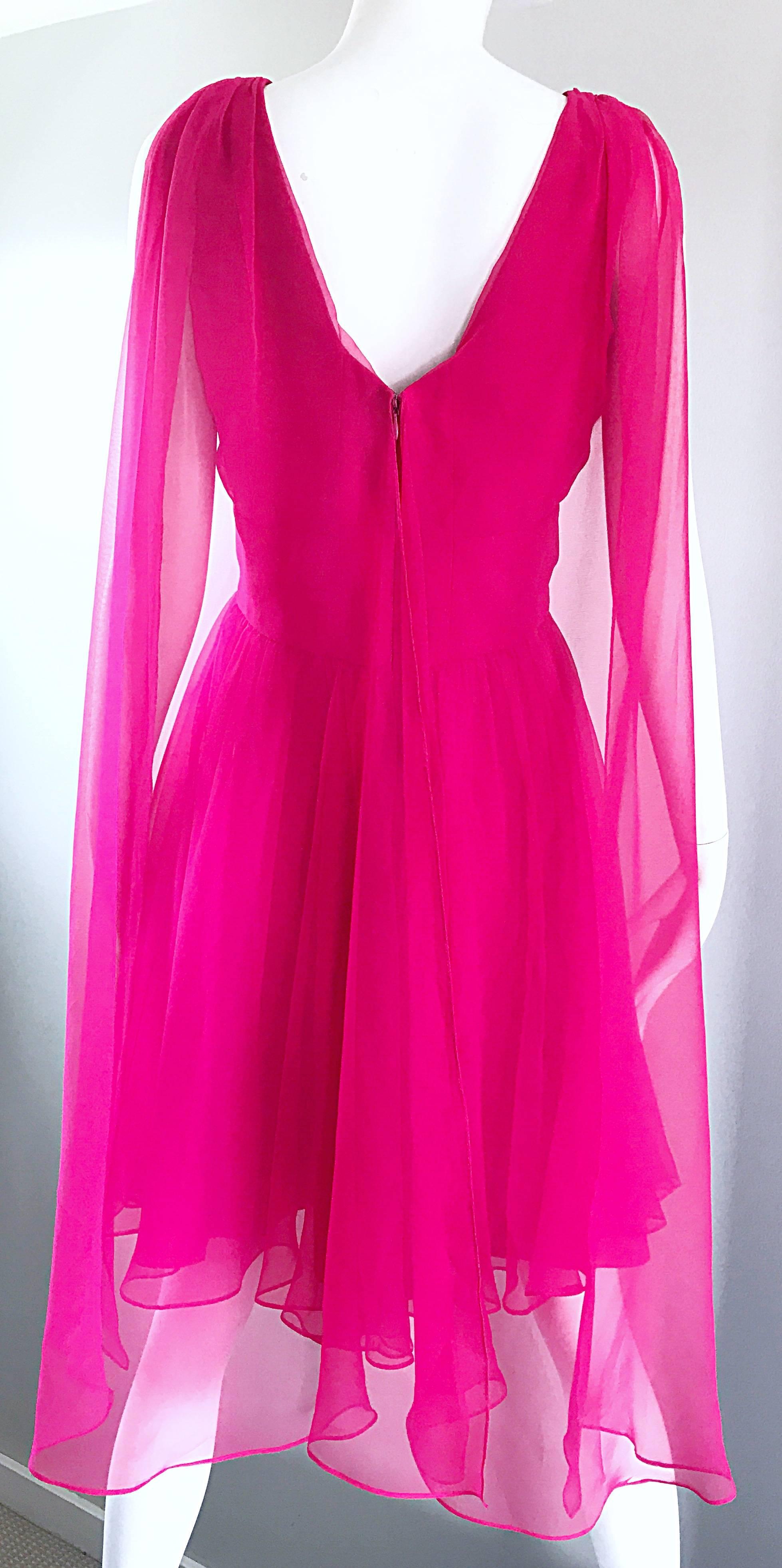 Women's Amazing 1960s Hot Pink Chiffon Sleeveless Vintage 60s Dress w/ Attached Cape 