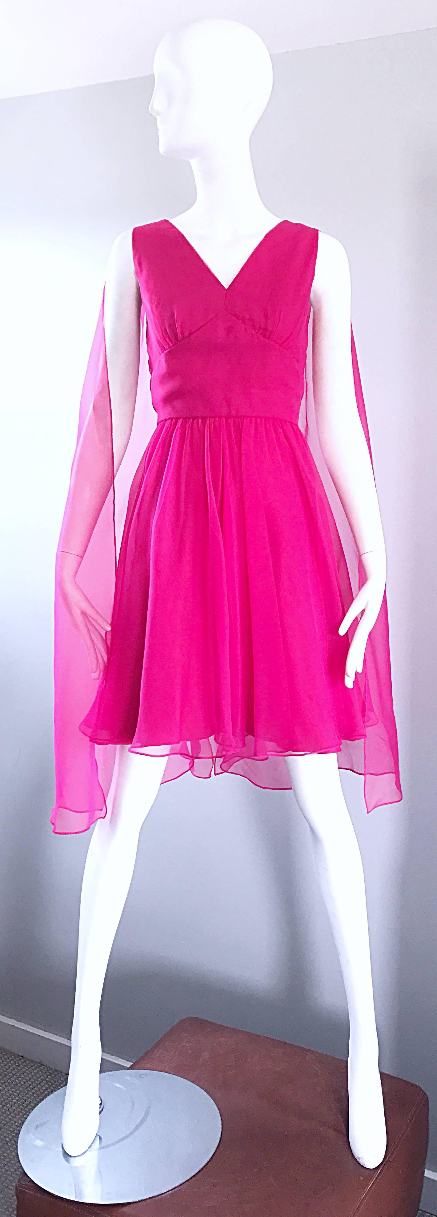 Amazing 1960s Hot Pink Chiffon Sleeveless Vintage 60s Dress w/ Attached Cape  1