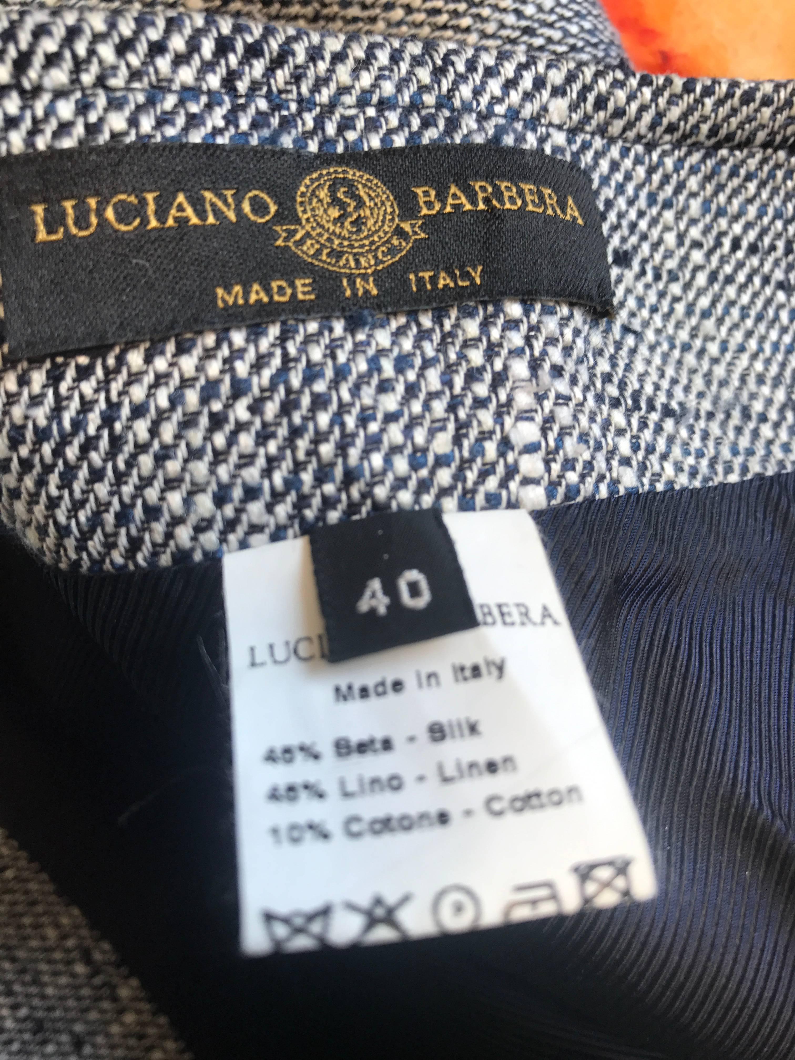 Luciano Barbera 1990s Navy Blue + White Silk + Linen High Waist Pencil Skirt 90s For Sale 2