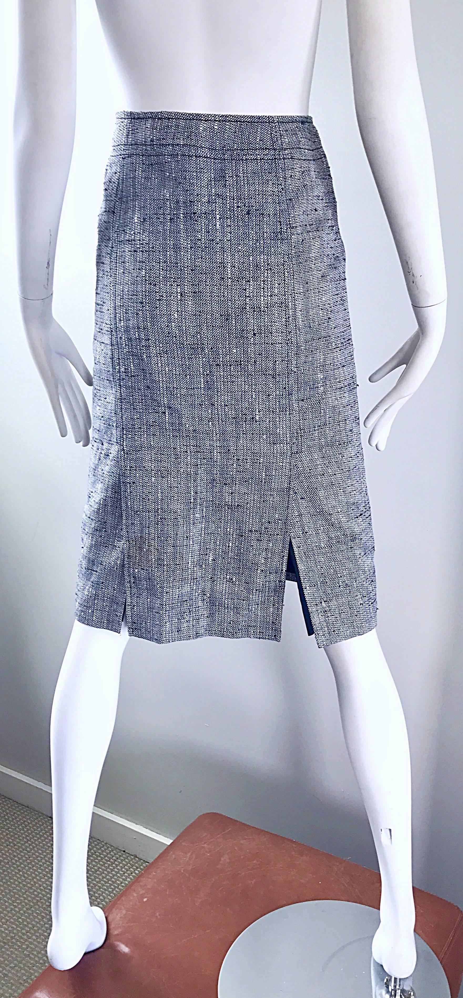 blue and white pencil skirt
