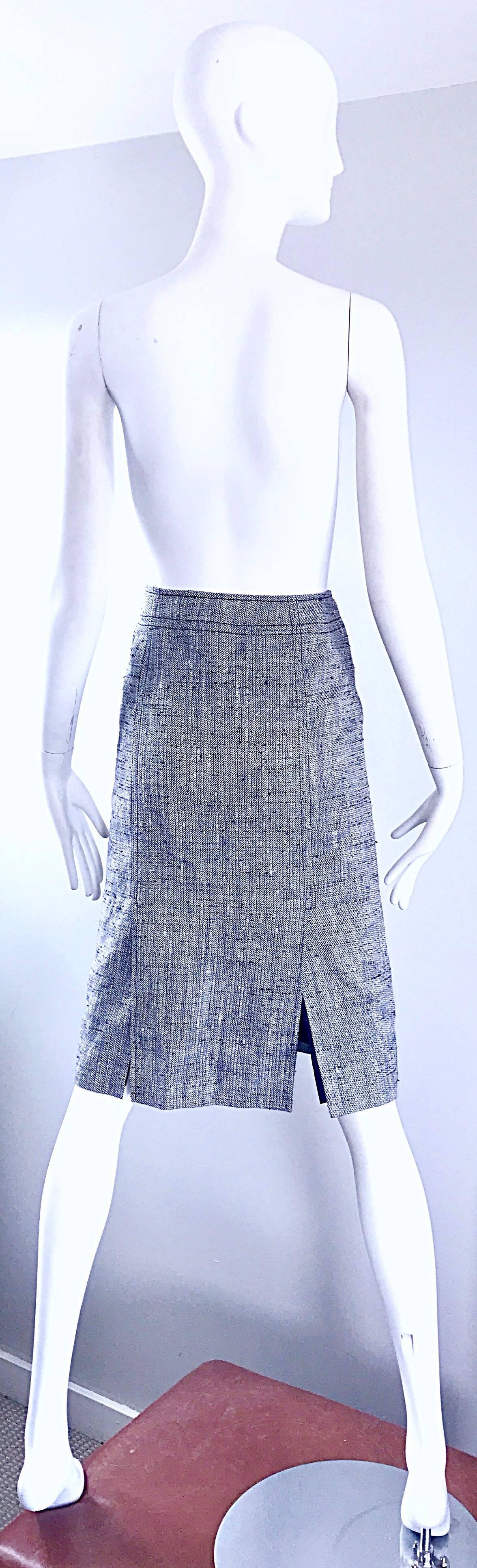 Gray Luciano Barbera 1990s Navy Blue + White Silk + Linen High Waist Pencil Skirt 90s For Sale