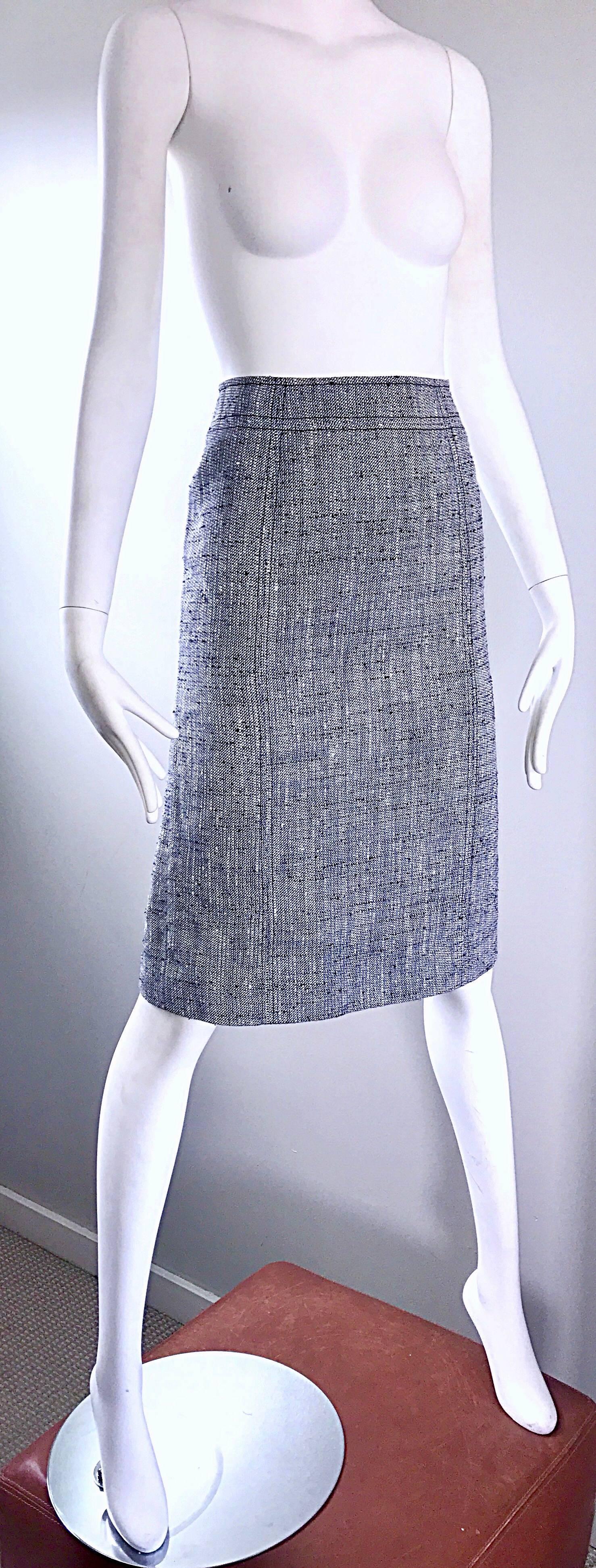 Luciano Barbera 1990s Navy Blue + White Silk + Linen High Waist Pencil Skirt 90s In Excellent Condition For Sale In San Diego, CA