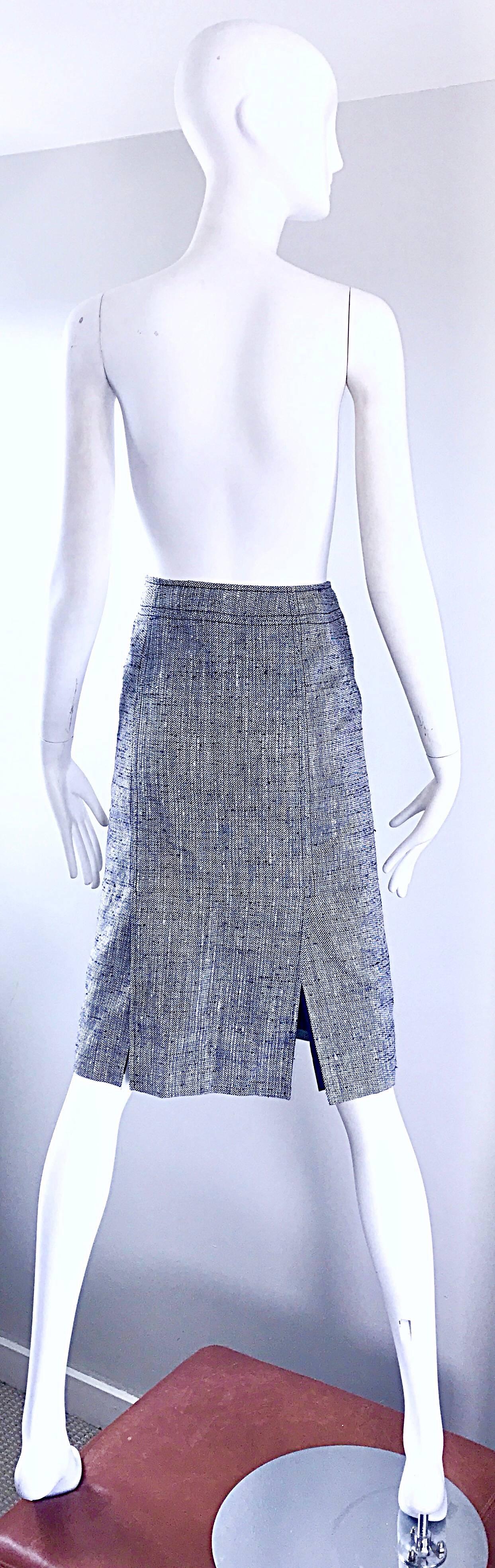 Women's Luciano Barbera 1990s Navy Blue + White Silk + Linen High Waist Pencil Skirt 90s For Sale