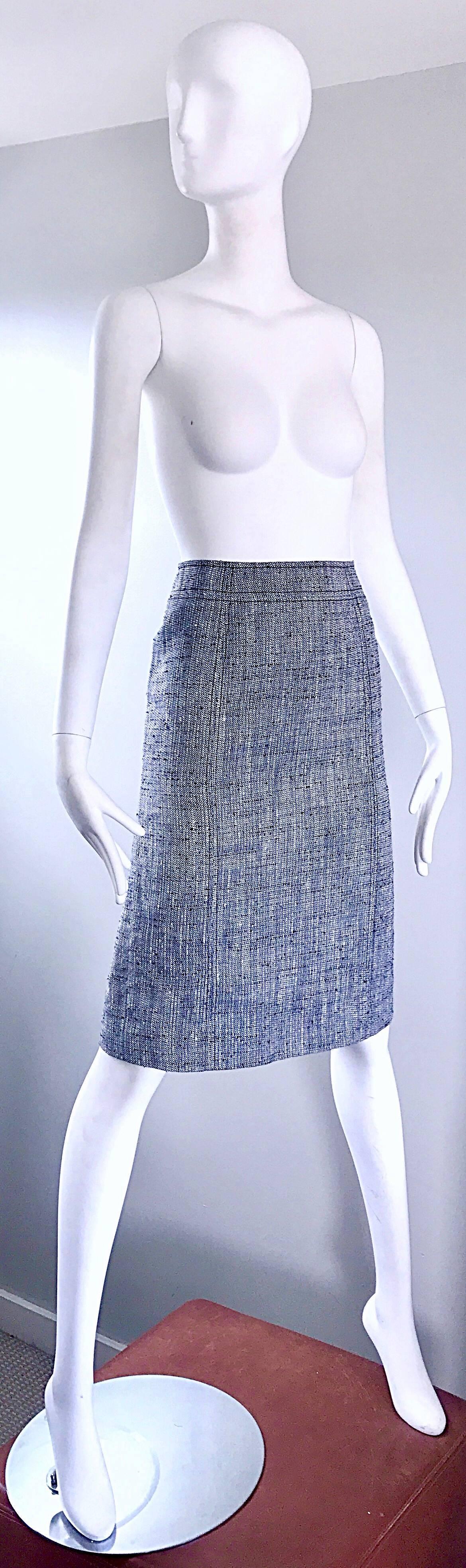 Luciano Barbera 1990s Navy Blue + White Silk + Linen High Waist Pencil Skirt 90s For Sale 1