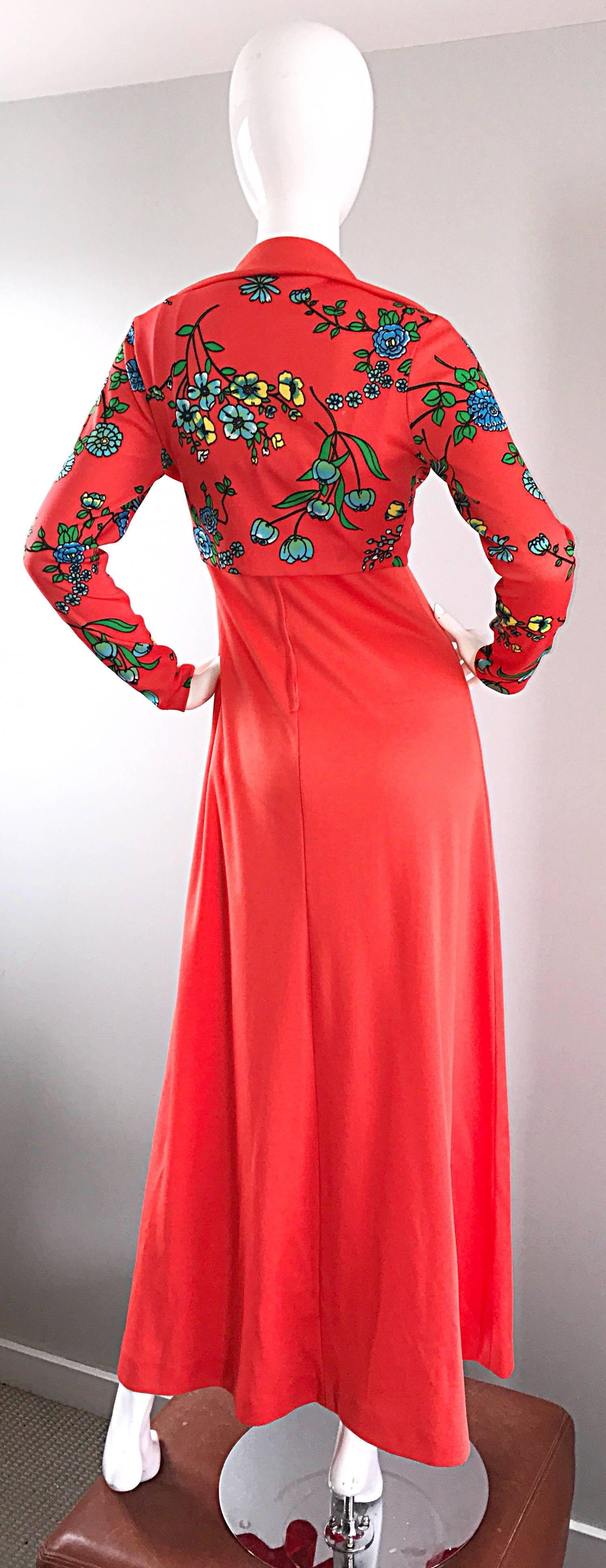 Red Amazing 1970s Bright Neon Orange Vintage 70s Knit Maxi Dress and Cropped Bolero For Sale