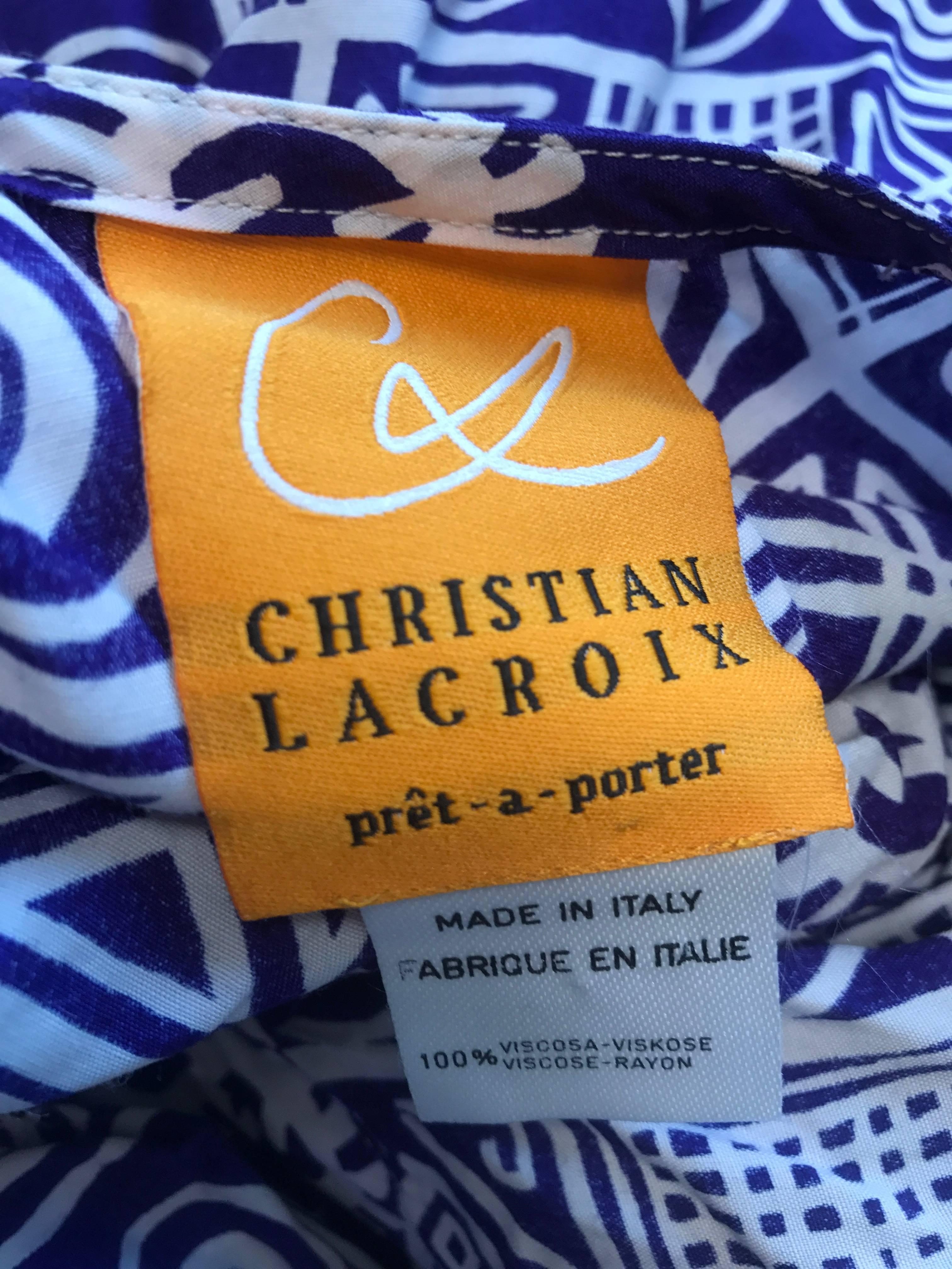 Christian Lacroix Vintage Purple and White Tribal Print Open Back Dress, 1990s  6