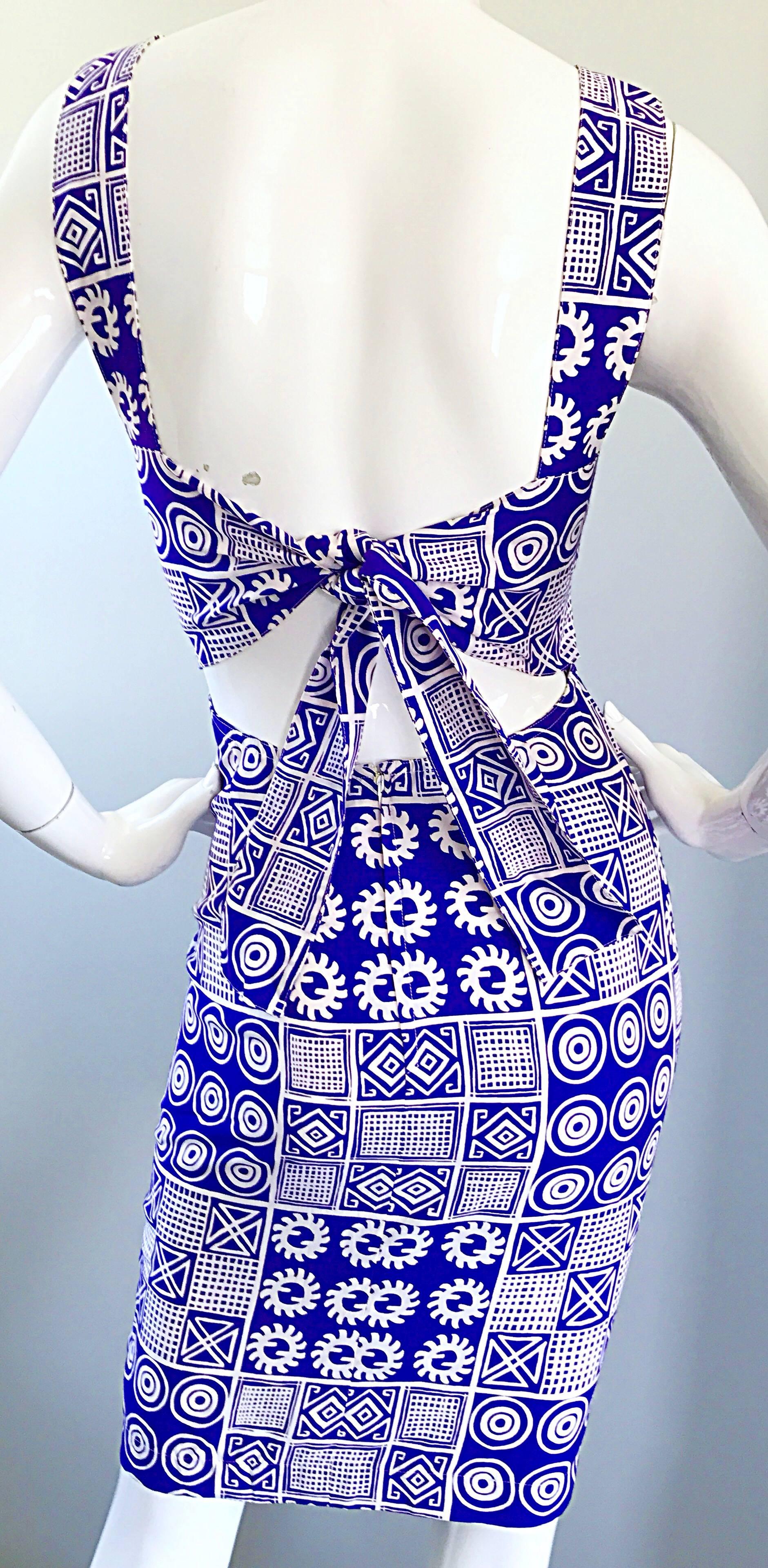 Christian Lacroix Vintage Purple and White Tribal Print Open Back Dress, 1990s  In Excellent Condition In San Diego, CA