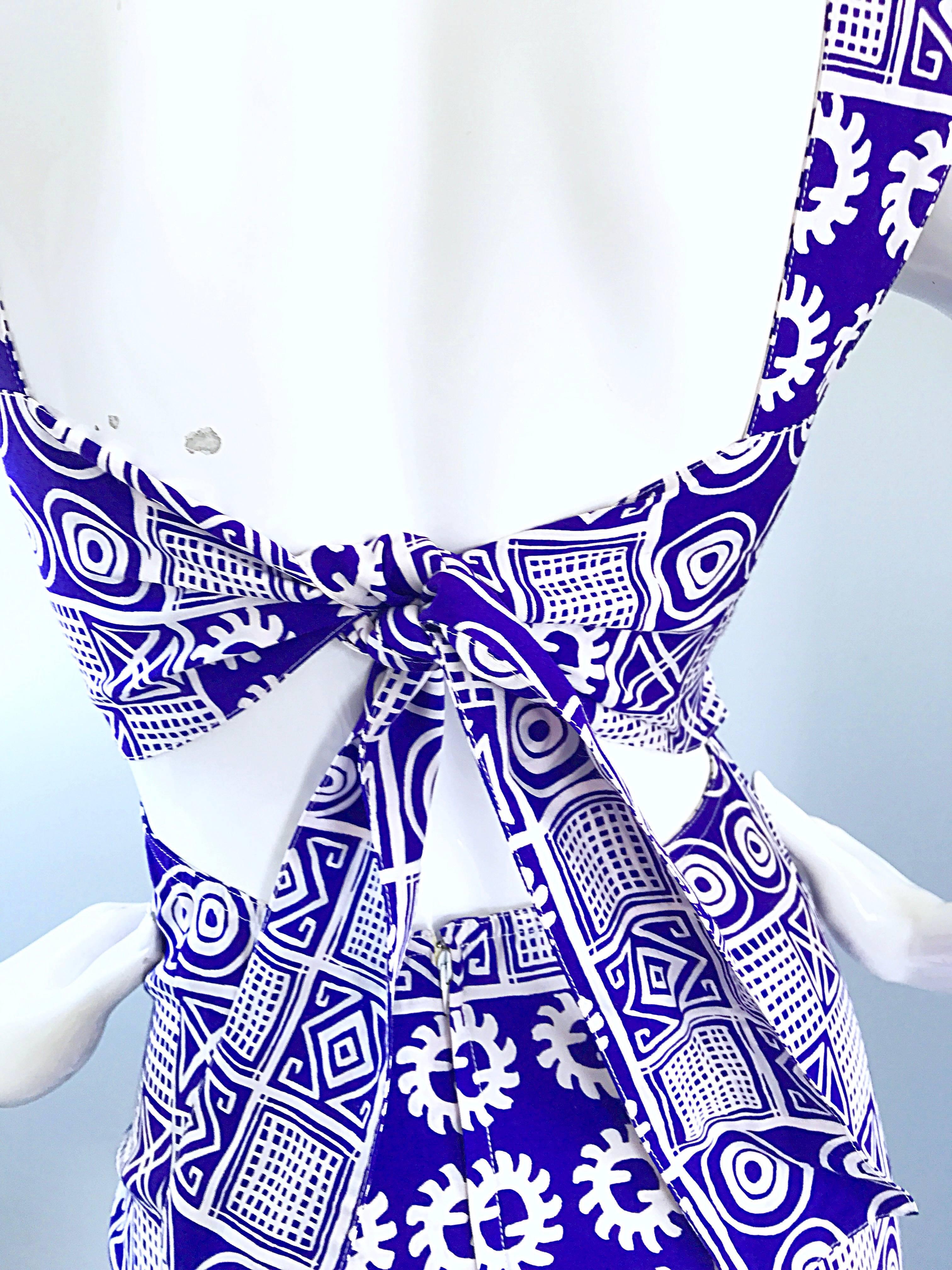 Women's Christian Lacroix Vintage Purple and White Tribal Print Open Back Dress, 1990s 